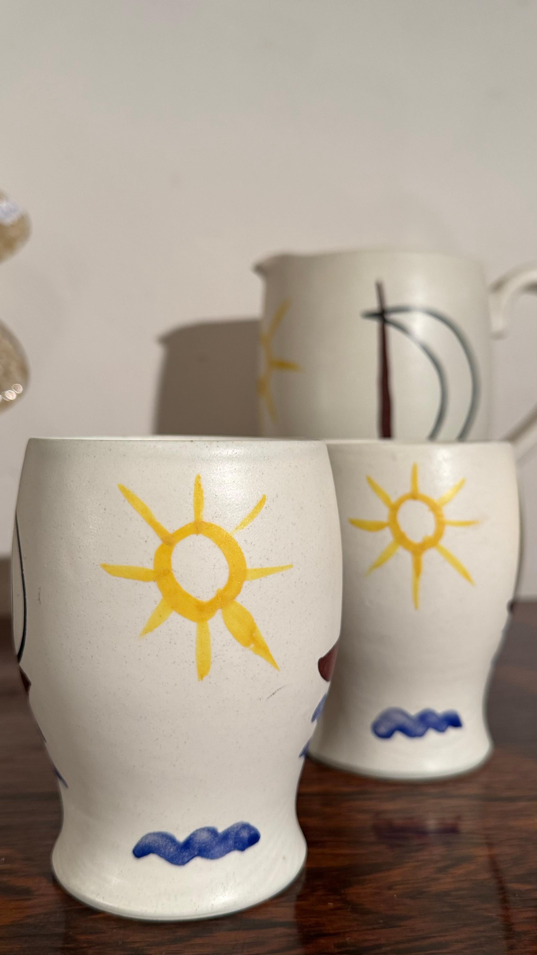 Milieu du XXe siècle Andre Baud for Vallauris, Ceramic Jug and 6 Goblets Set, 1960s en vente