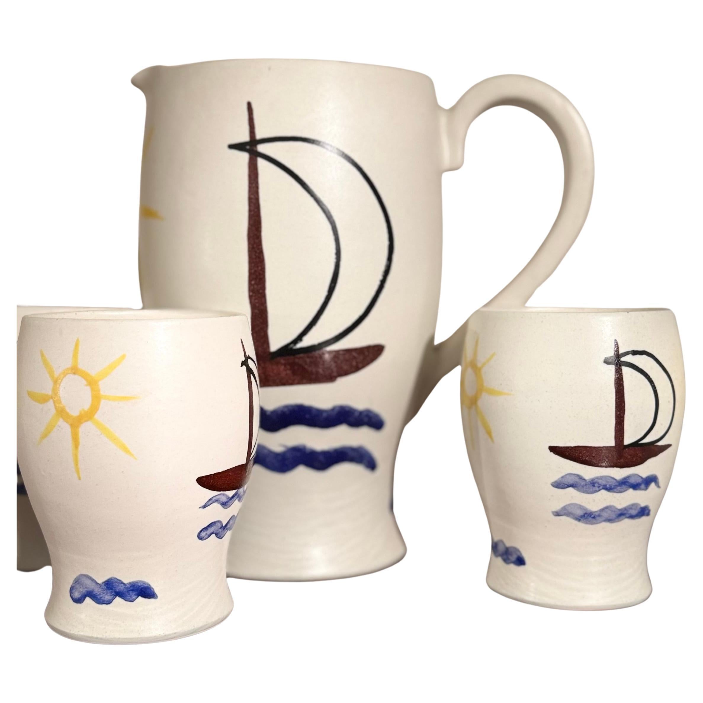 Andre Baud for Vallauris, Ceramic Jug and 6 Goblets Set, 1960s en vente