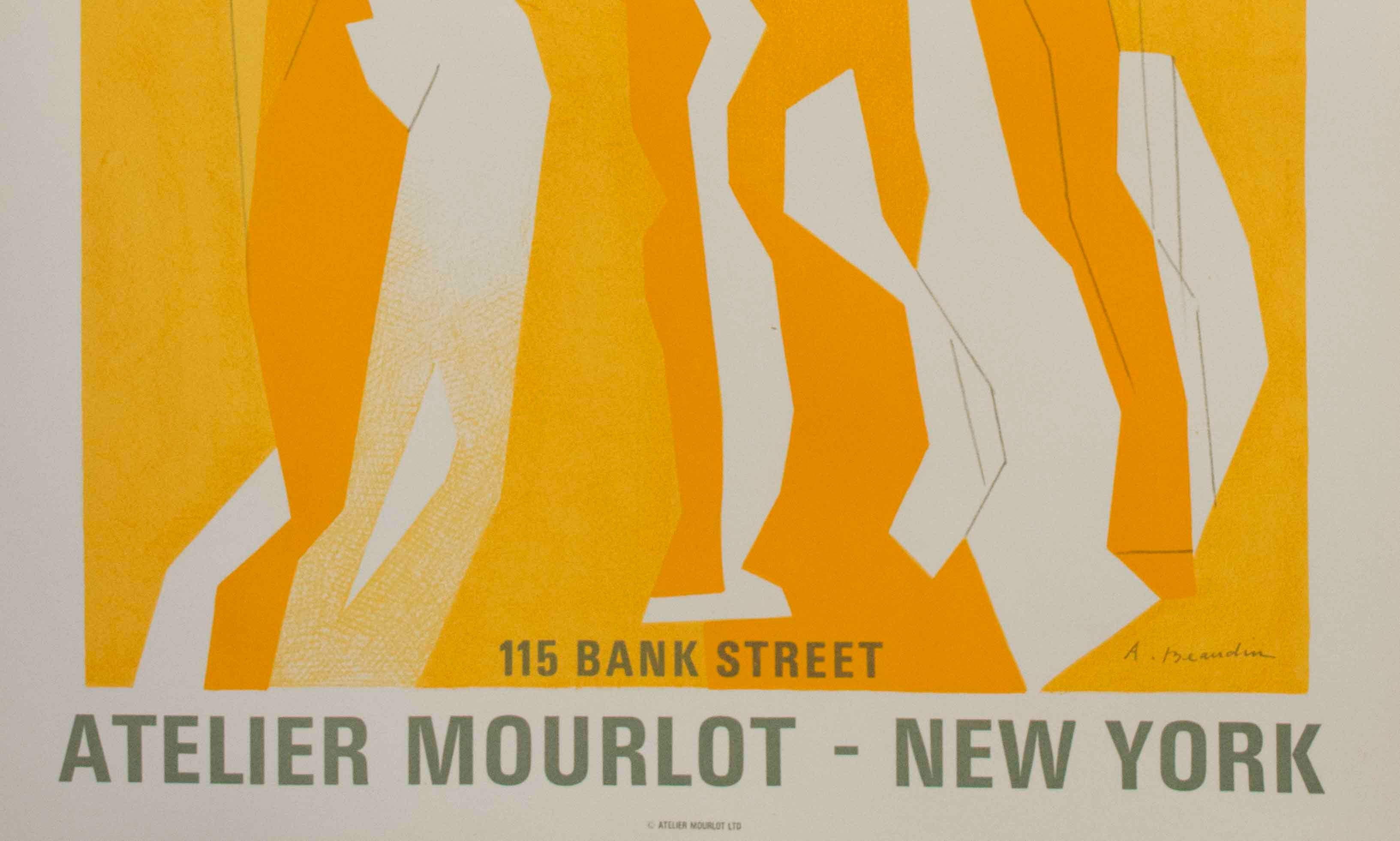 Lithographic poster for the opening of the New York Atelier Mourlot branch in 1967, featuring a golden harmony of figures by Andre Beaudin.

