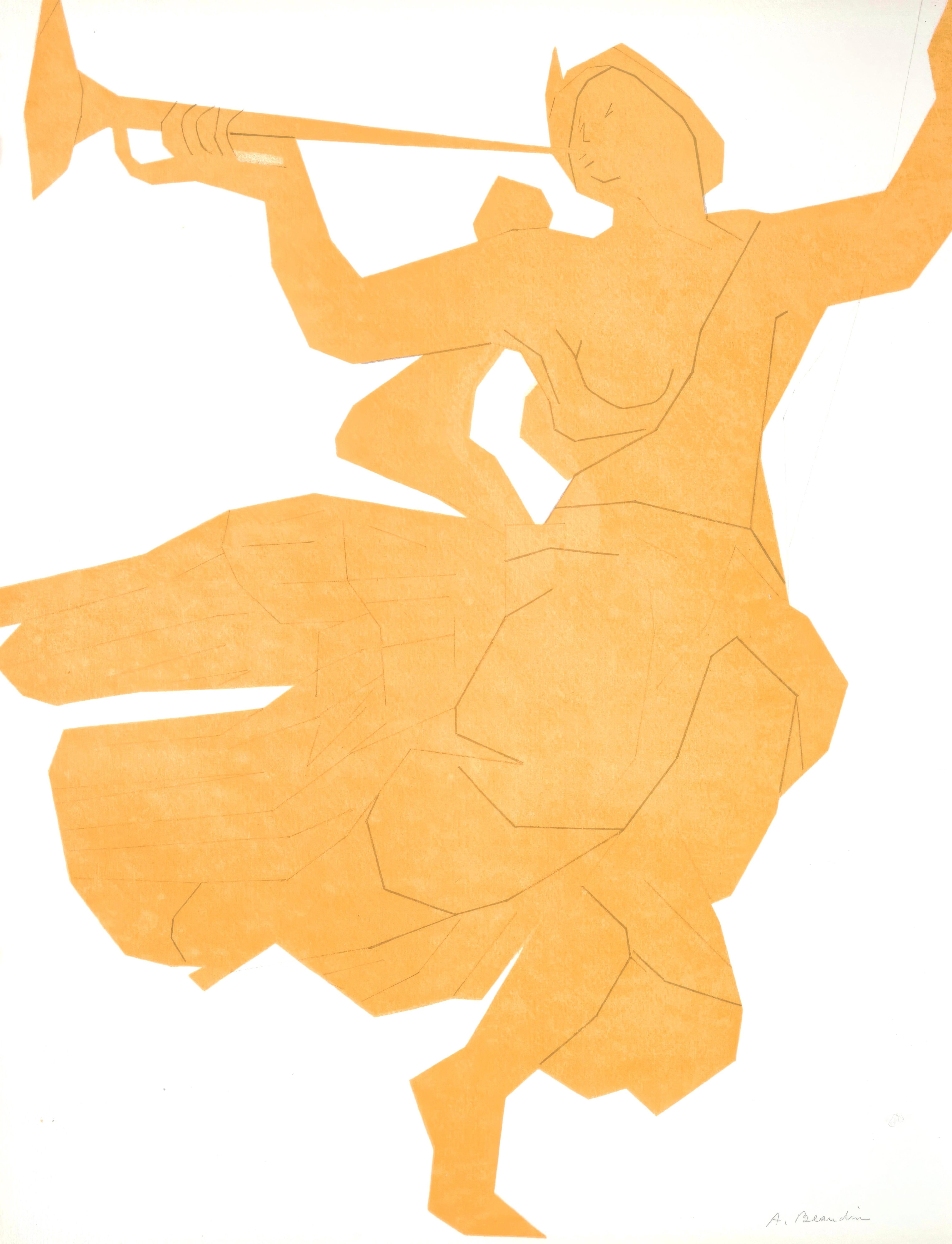 Cette exquise lithographie d'Andre Beaudin (1895-1979), intitulée Femme à la Trompette, tirée de Regards Sur Paris, provient du numéro du 22 janvier 1963 publié par Andre Sauret, Editeur, Paris, et imprimé par Mourlot Frères, Paris, 1963. Cette