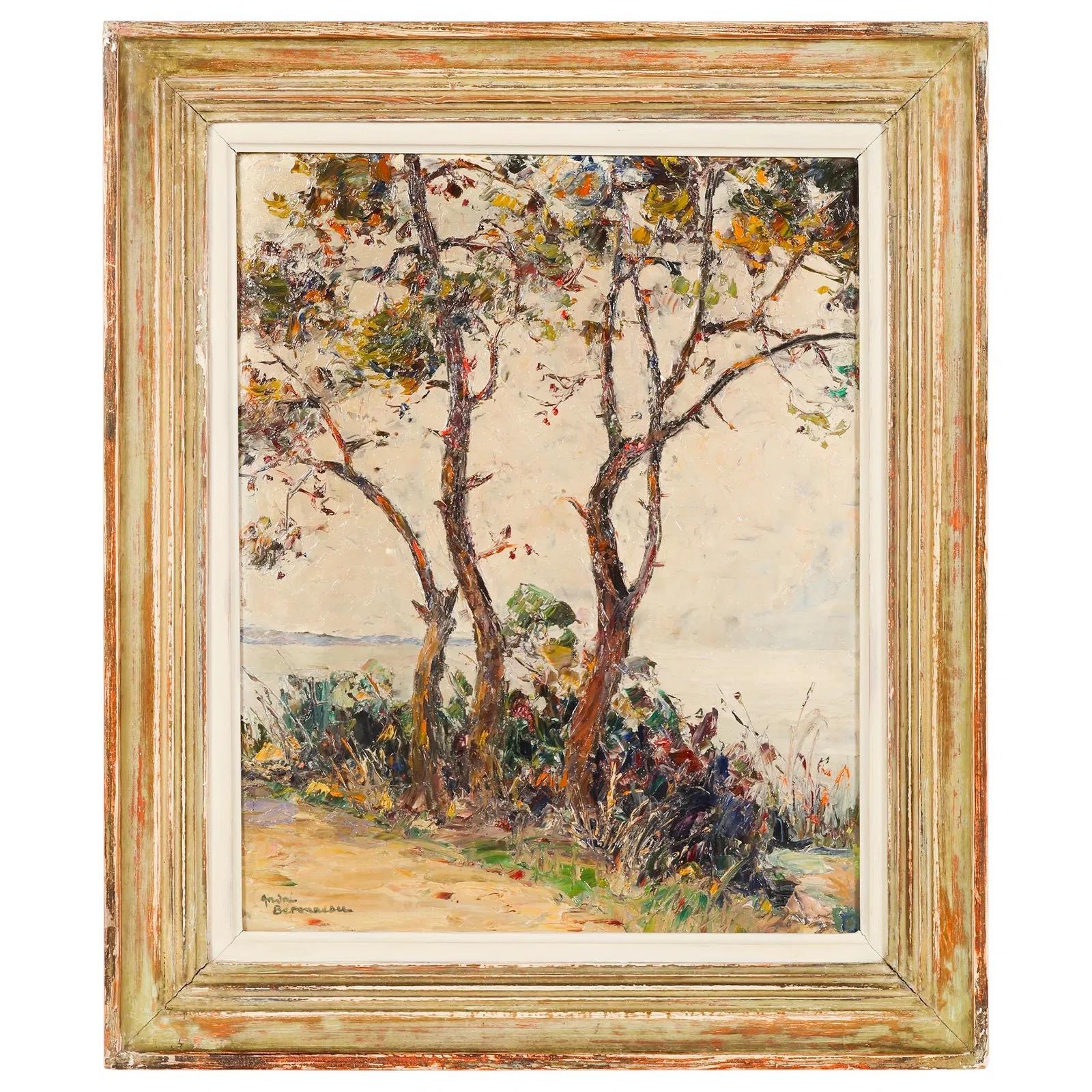 Dipinto a olio impressionista della costa francese su tavola di legno