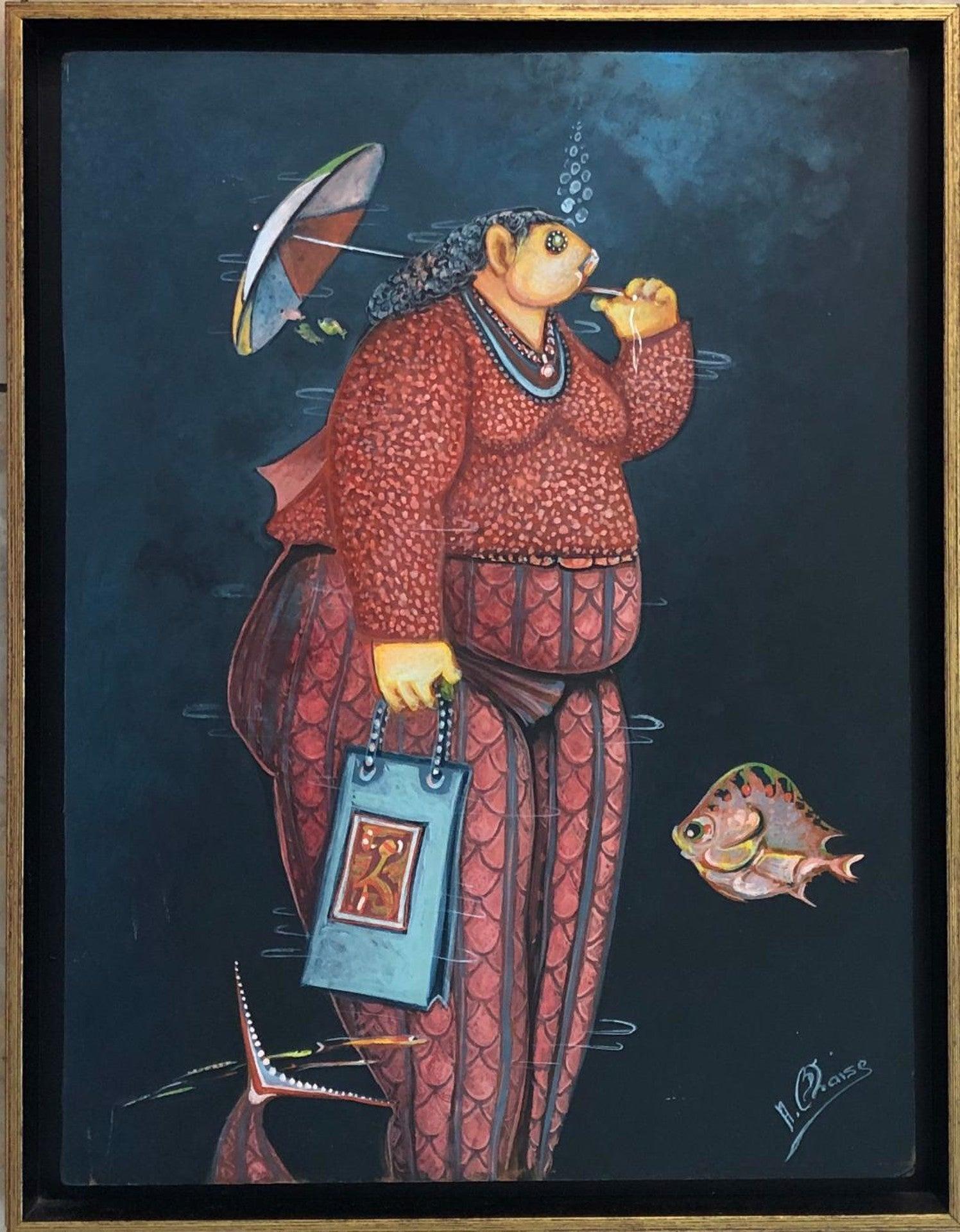 André Blaise Animal Painting - Fish Lady With Umbrella- Original Contemporary 16"x12" Haitian Painting Framed