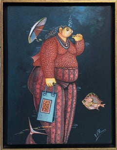 Fish Lady With Umbrella- Original Contemporary 16"x12" Haitian Painting Framed