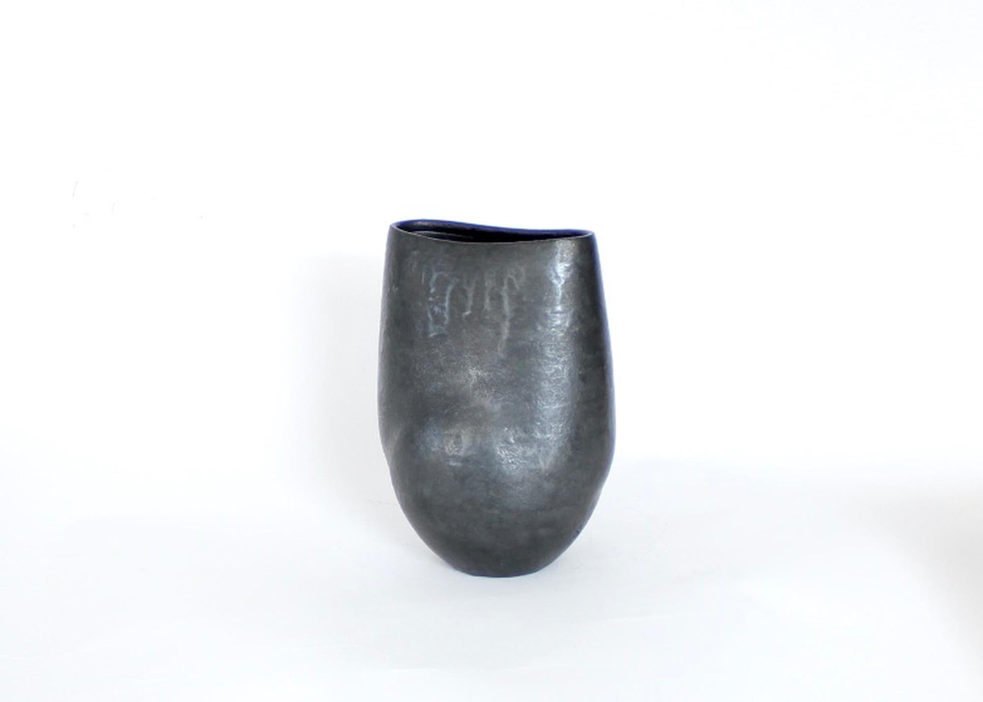 Modern Andre Bloch French Low Ceramic Vase in Black Glaze c 2010 For Sale