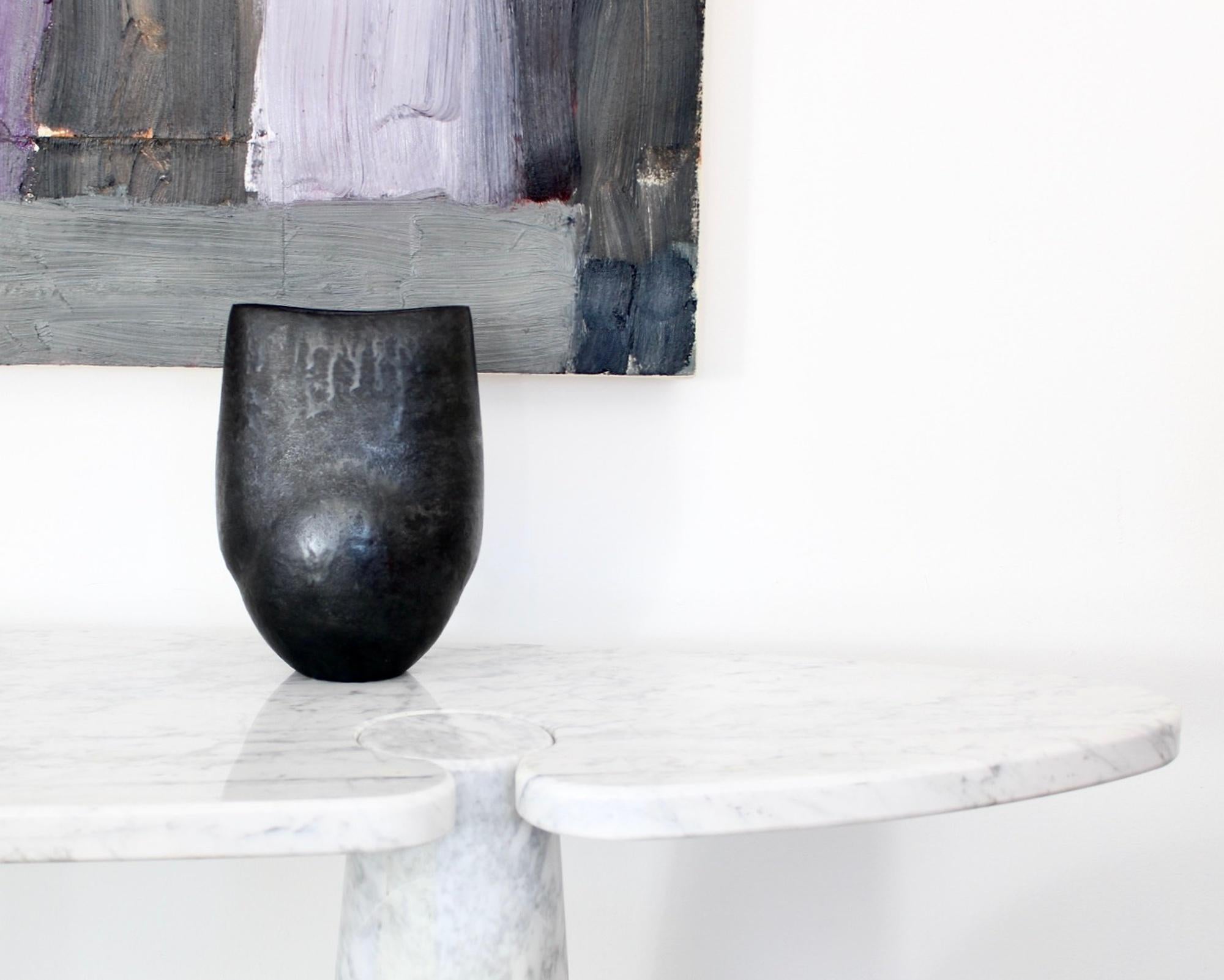Contemporary Andre Bloch French Low Ceramic Vase in Black Glaze c 2010