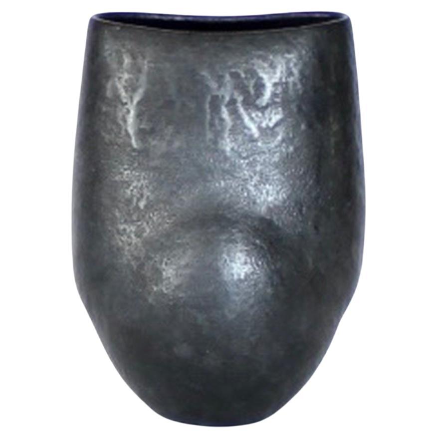 Andre Bloch French Low Ceramic Vase in Black Glaze c 2010 For Sale