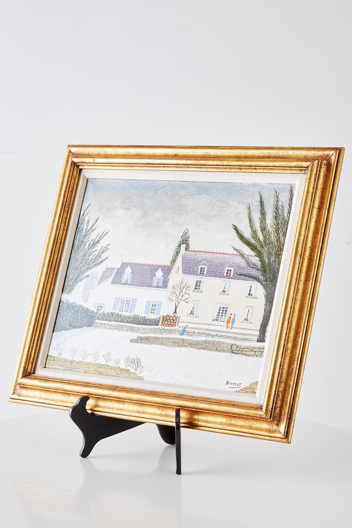 Folk Art Andre Bouquet Oil on Canvas House with Snow
