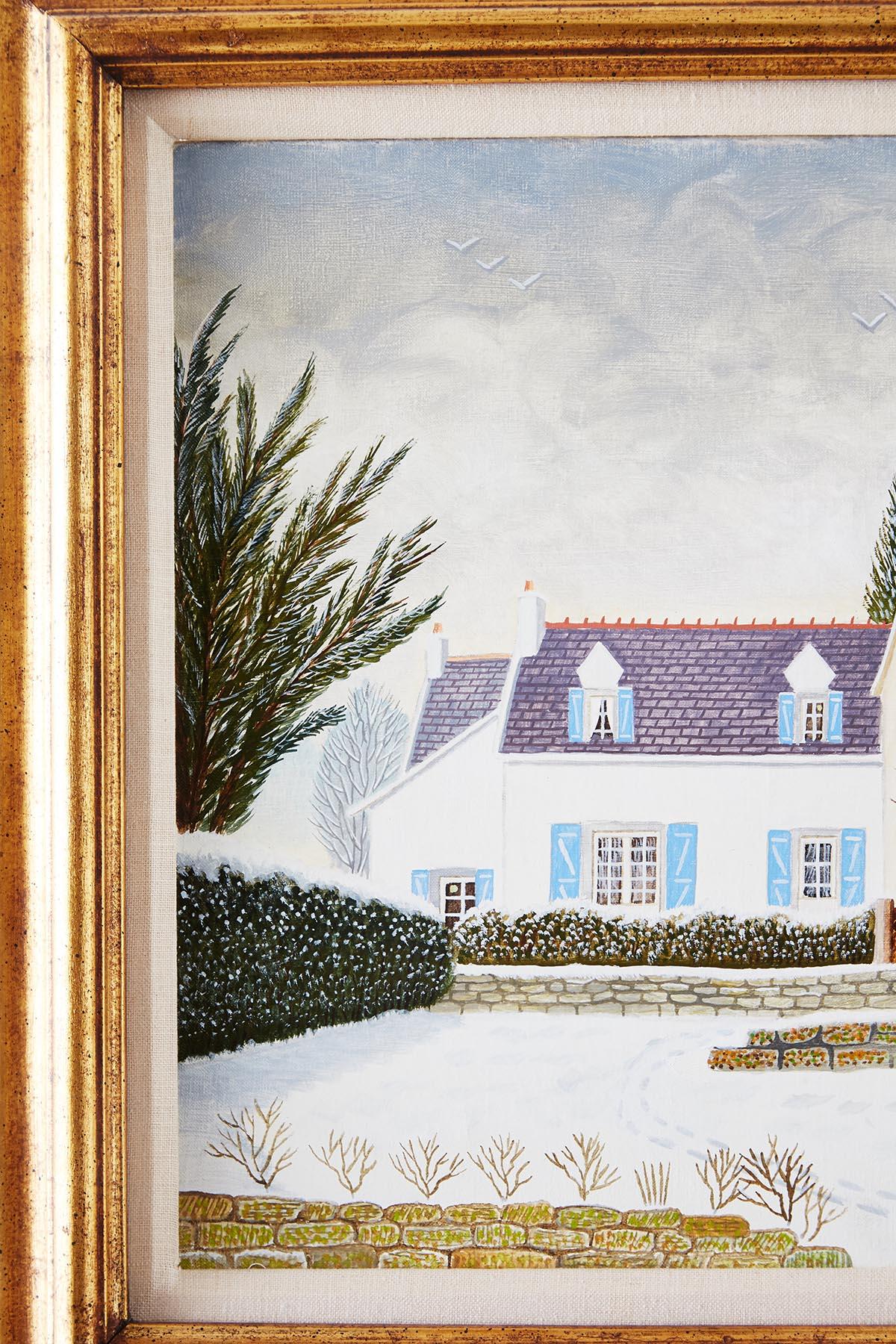French Andre Bouquet Oil on Canvas House with Snow