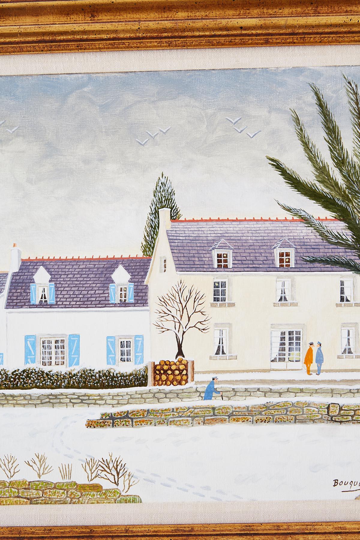 Folk Art style Andre Bouquet (1897-1987 French) oil on canvas painting of a winter scene with house and snow. Intricately painted the artist was known for capturing minute details in his art. This particular painting has an Americana style