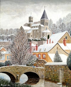 Chattilon-sur-Seine - Grande peinture à l'huile de paysage naïf français du milieu du 20e siècle