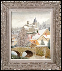 Chattilon-sur-Seine - Grande peinture à l'huile de paysage naïf français du milieu du 20e siècle