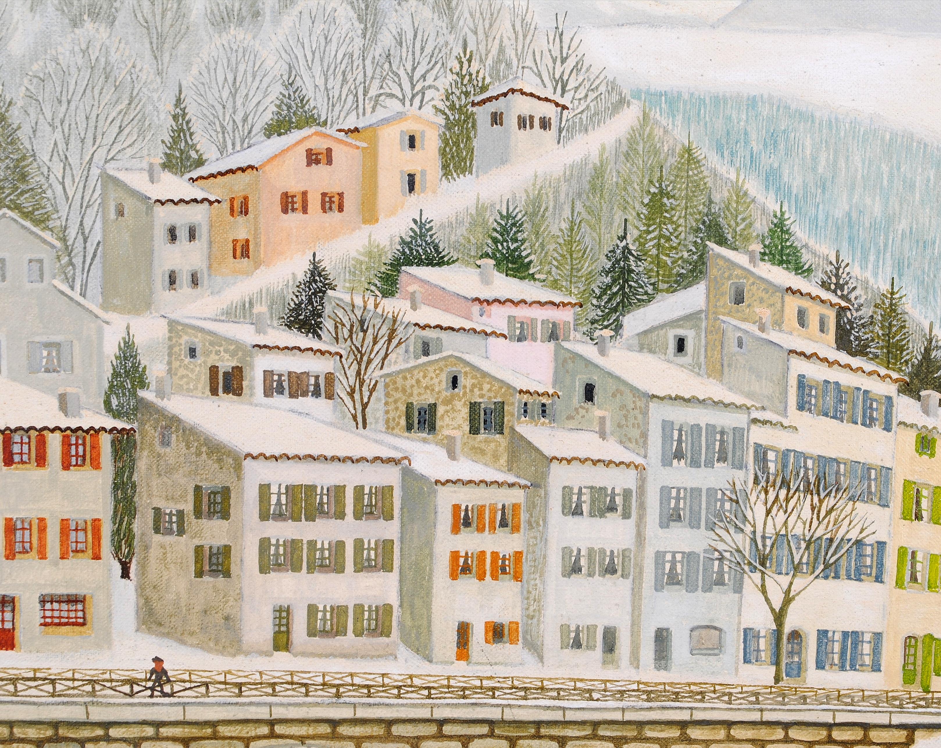 Dans La Drome - Mid 20th Century French Naif Snow Winter Landscape Oil Painting For Sale 7