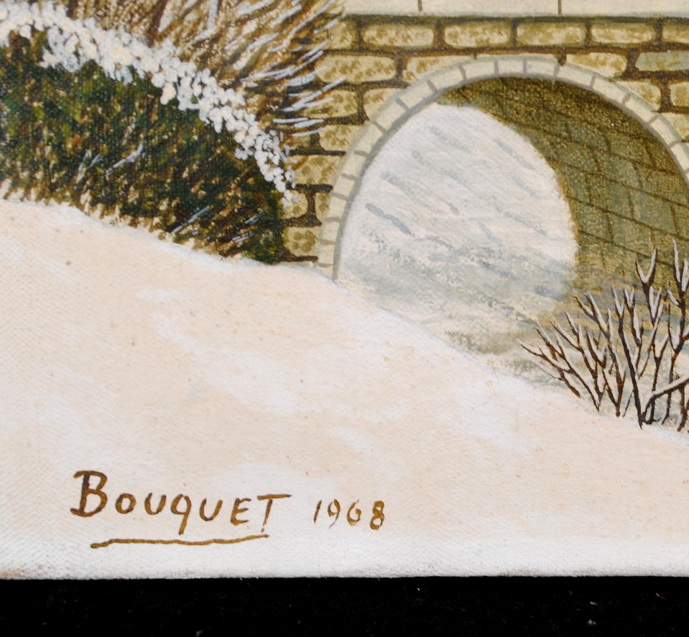 Dans La Drome - Mid 20th Century French Naif Snow Winter Landscape Oil Painting For Sale 8