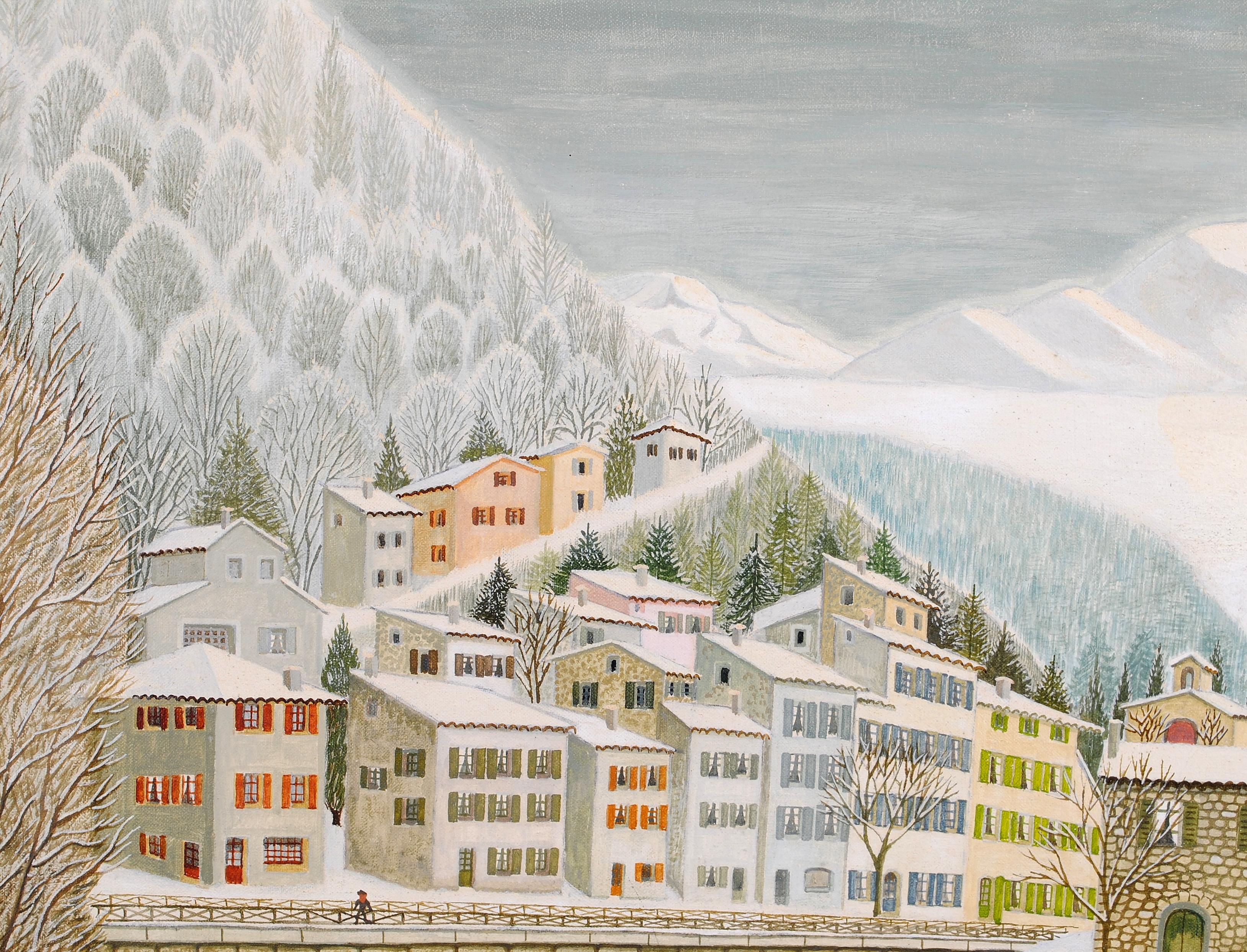 Dans La Drome - Mid 20th Century French Naif Snow Winter Landscape Oil Painting - Beige Landscape Painting by André Bouquet.