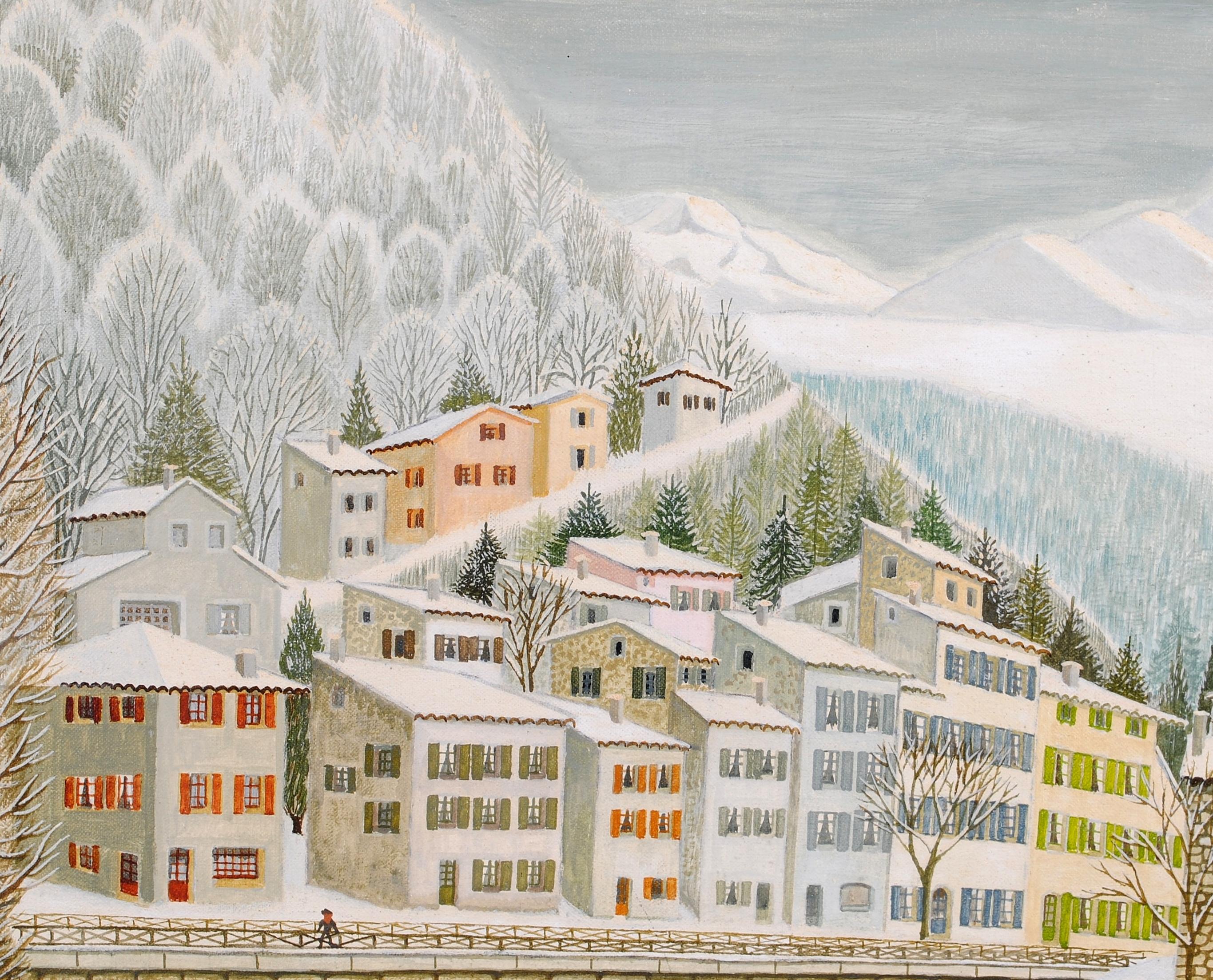 A beautiful signed and dated 1968 French naif oil on canvas by André Bouquet depicting a town in the Drome region of southeastern France under a blanket of snow.

The town is very distinctive, with its stone bridge and mountain backdrop - if anybody