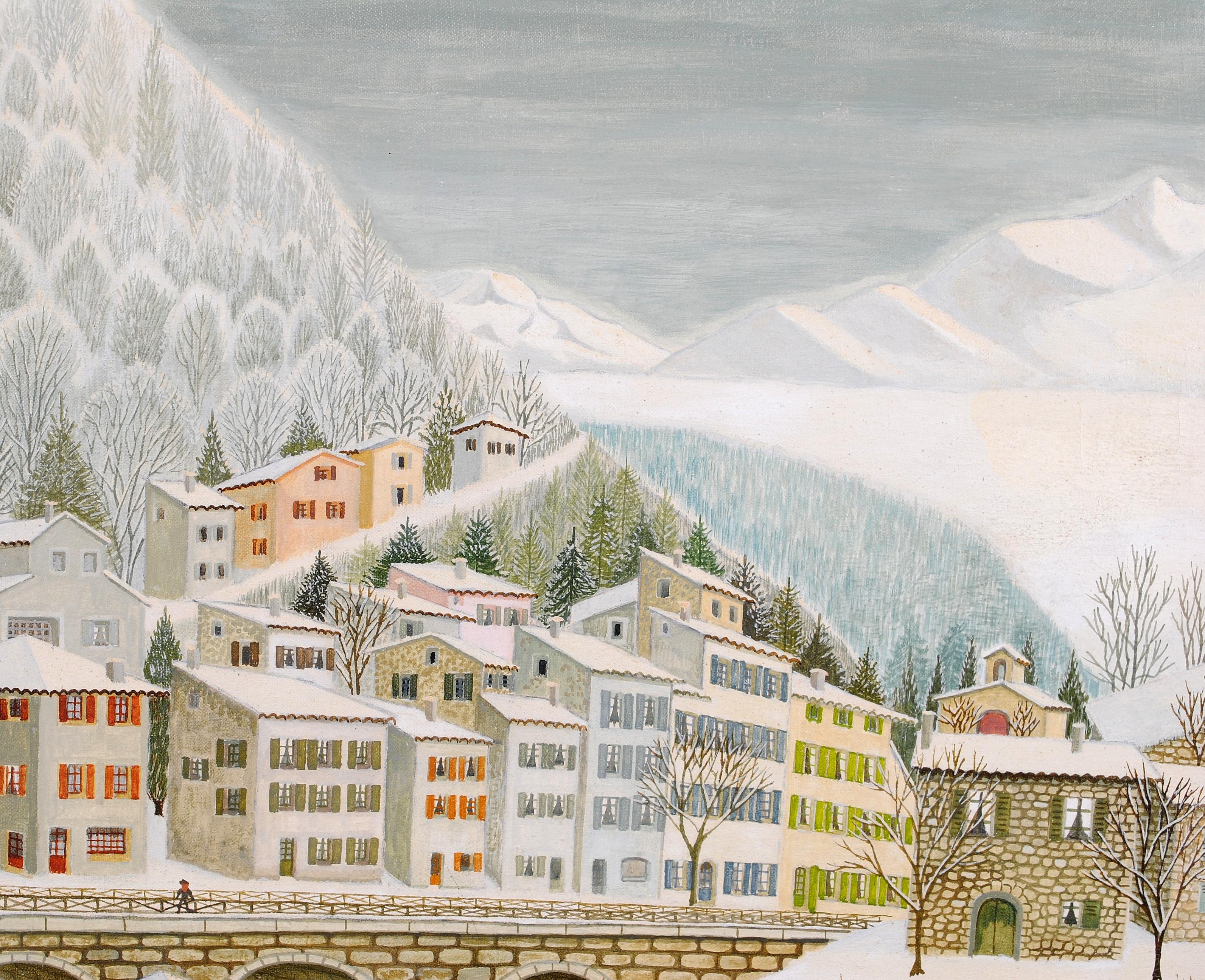 Dans La Drome - Mid 20th Century French Naif Snow Winter Landscape Oil Painting For Sale 1