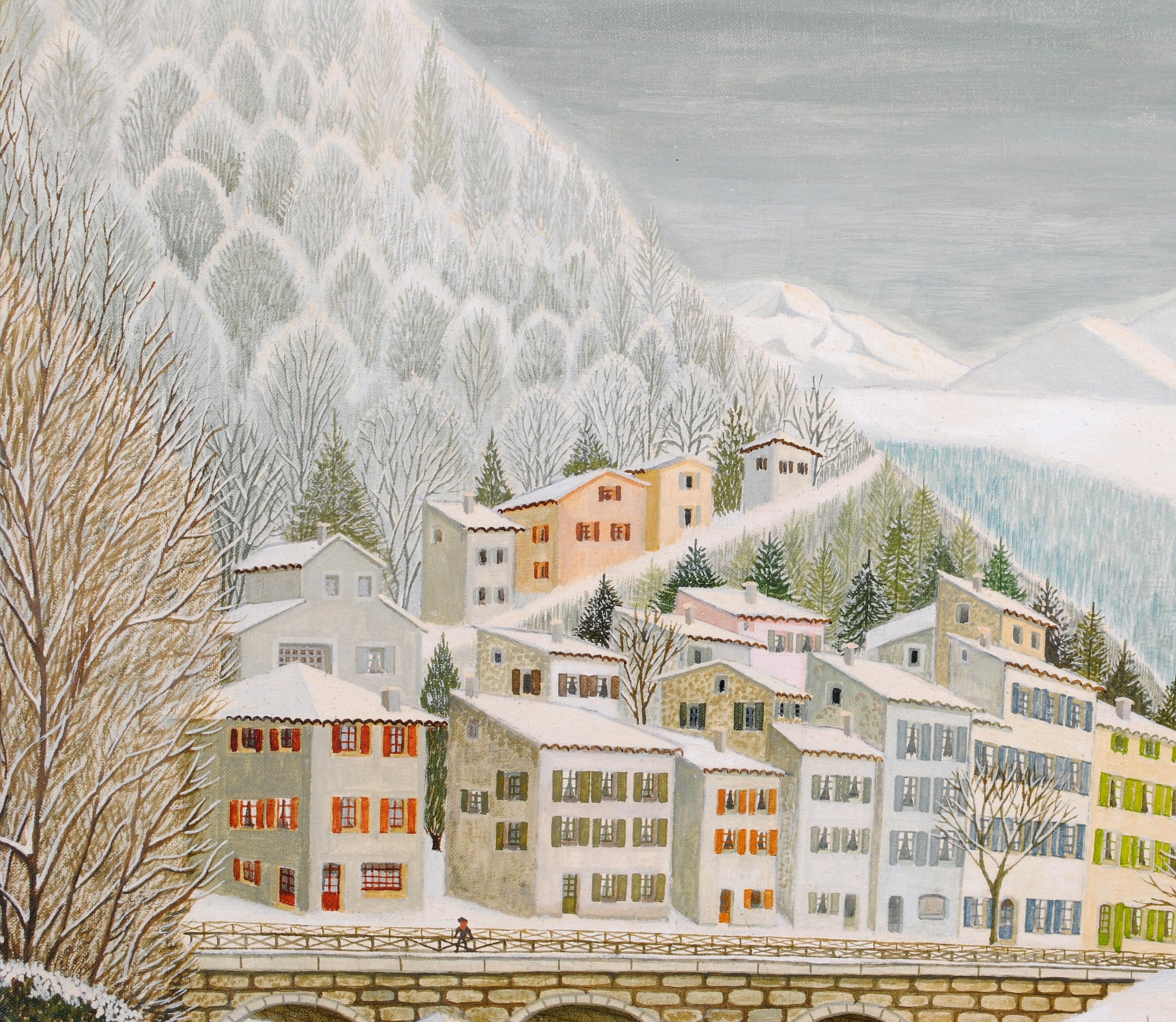 Dans La Drome - Mid 20th Century French Naif Snow Winter Landscape Oil Painting For Sale 2