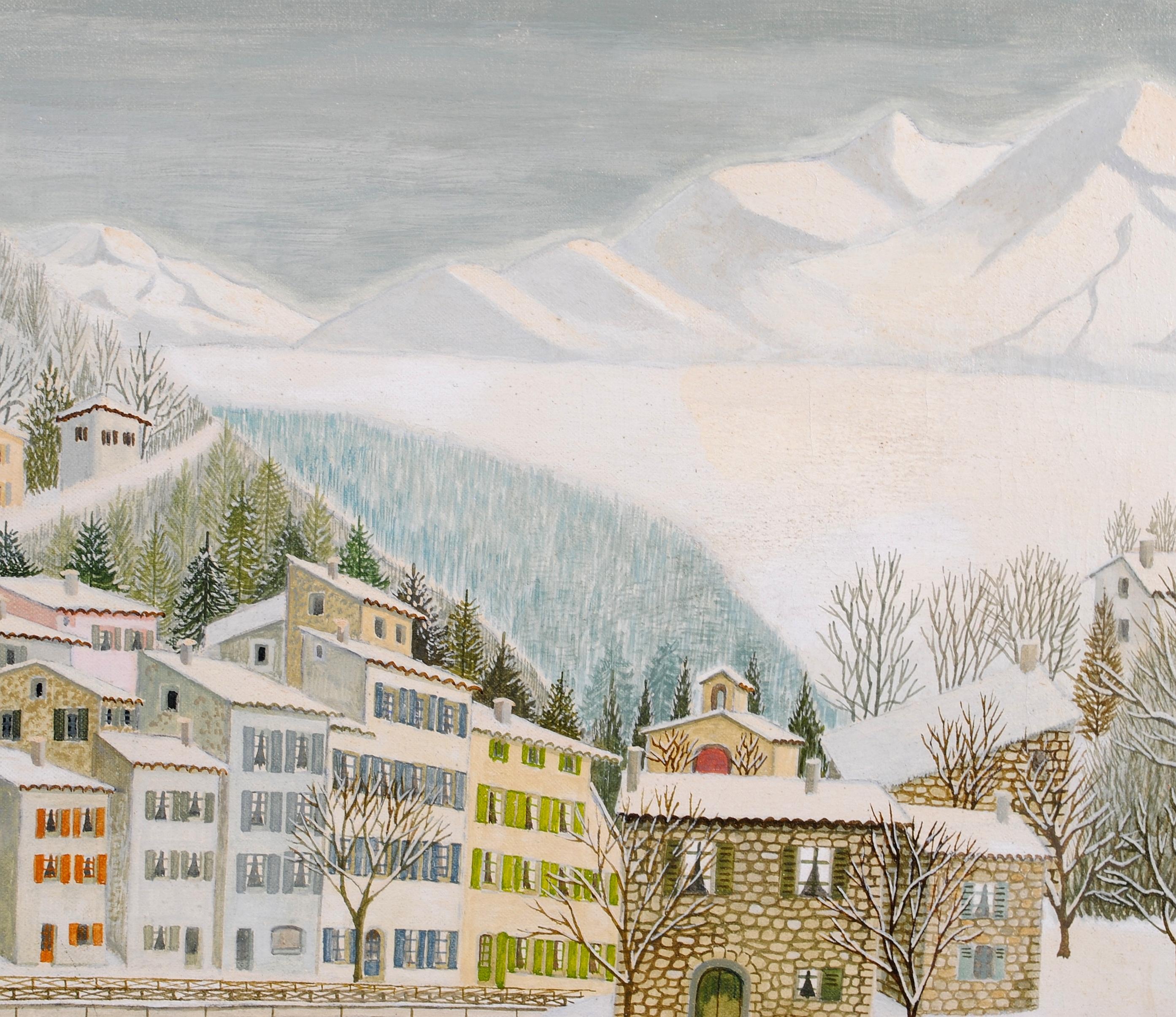Dans La Drome - Mid 20th Century French Naif Snow Winter Landscape Oil Painting For Sale 3