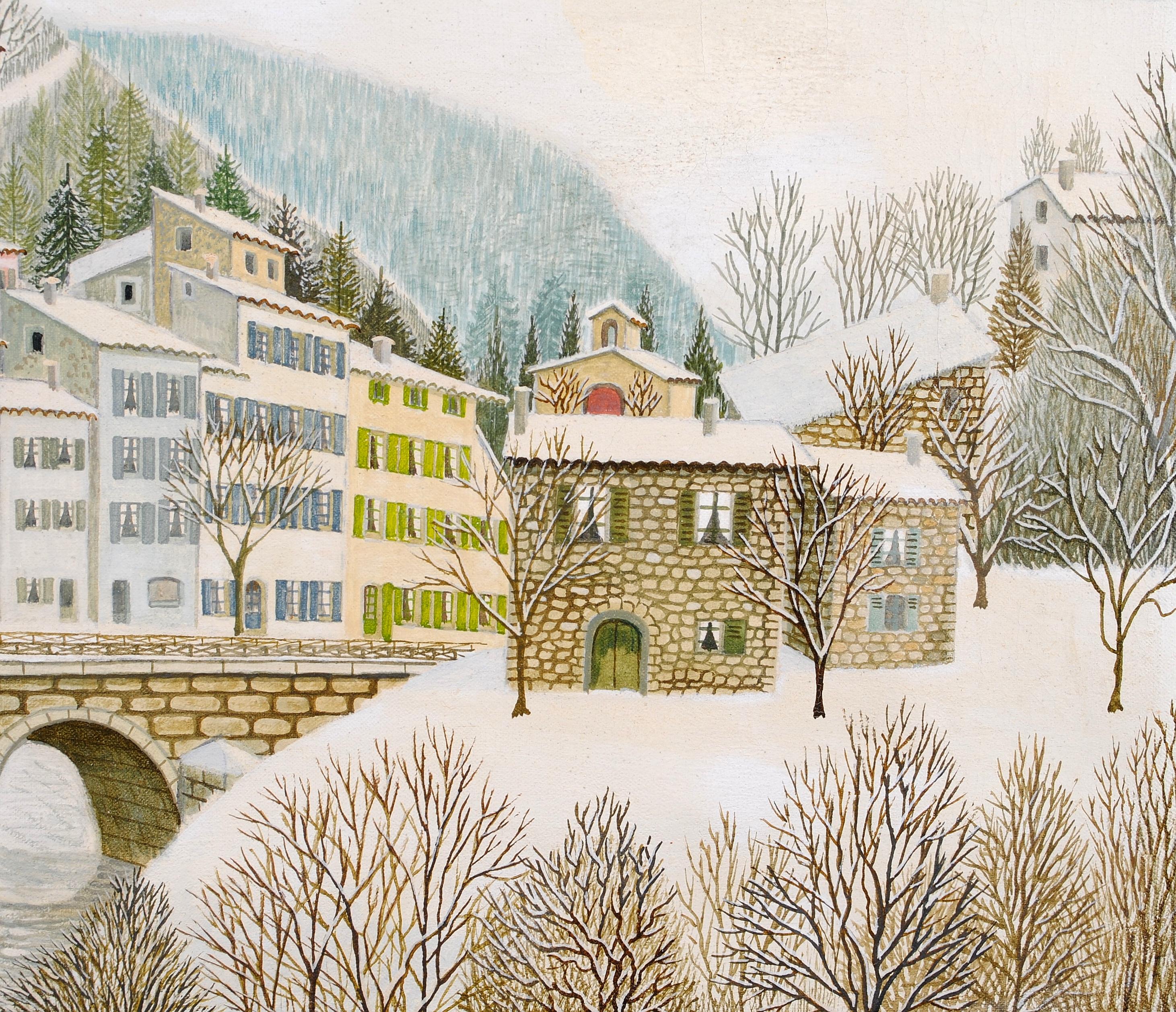 Dans La Drome - Mid 20th Century French Naif Snow Winter Landscape Oil Painting For Sale 5