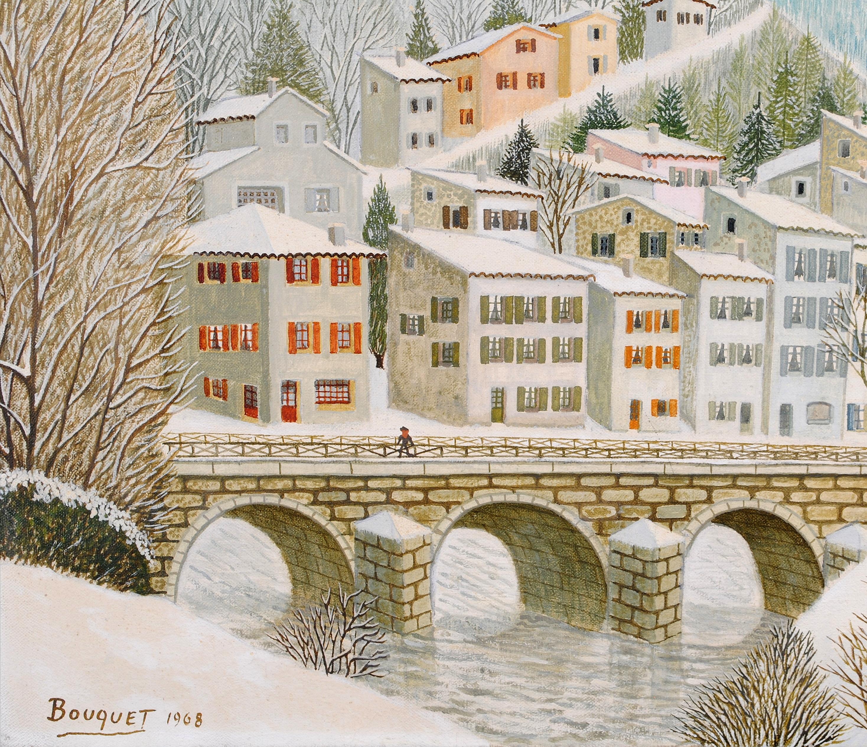 Dans La Drome - Mid 20th Century French Naif Snow Winter Landscape Oil Painting For Sale 6