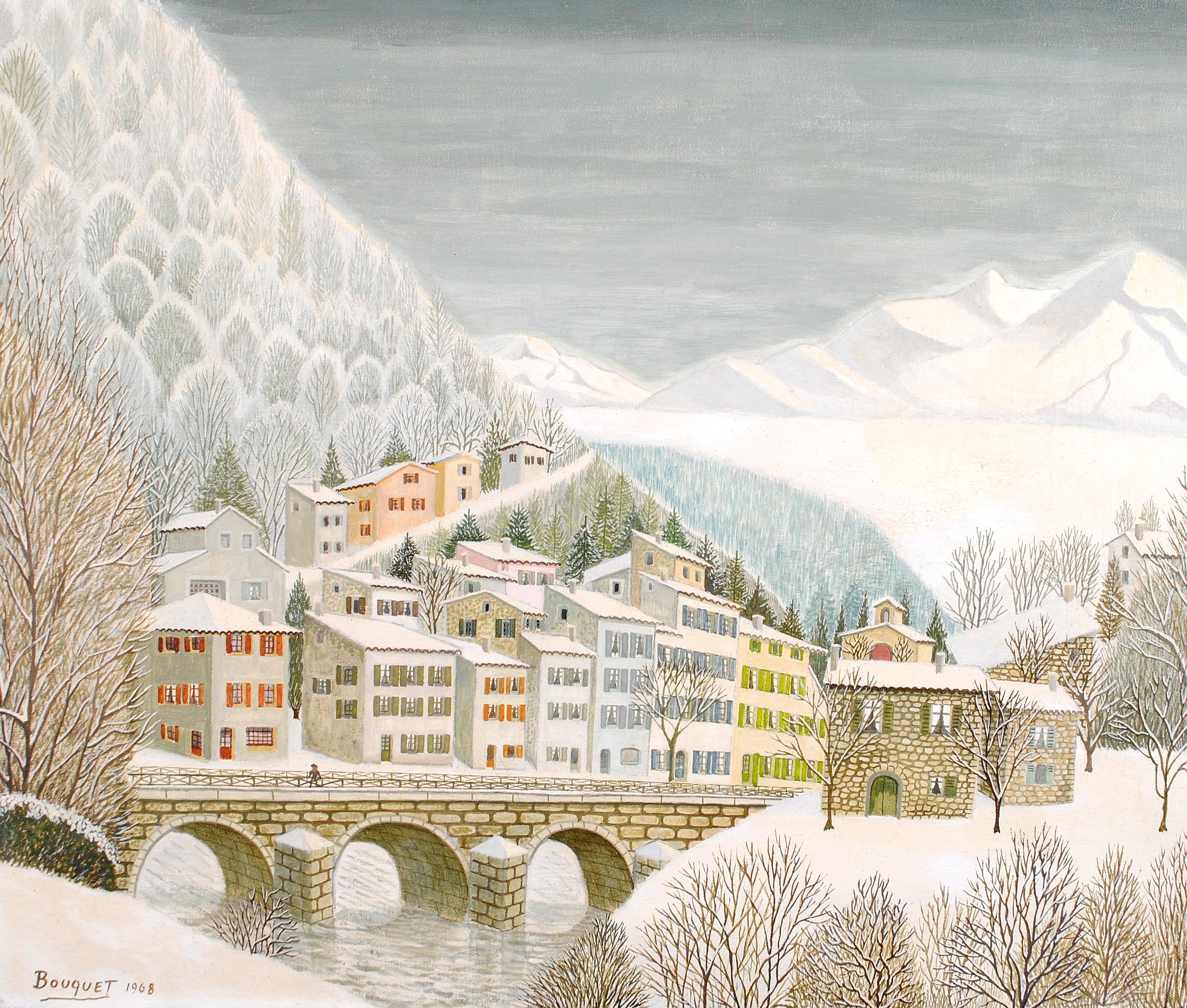André Bouquet. Landscape Painting - Dans La Drome - Mid 20th Century French Naif Snow Winter Landscape Oil Painting