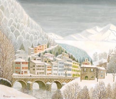 Dans La Drome - Französische Naif-Schneeflocken-Winterlandschaft, Ölgemälde, Mitte des 20. Jahrhunderts
