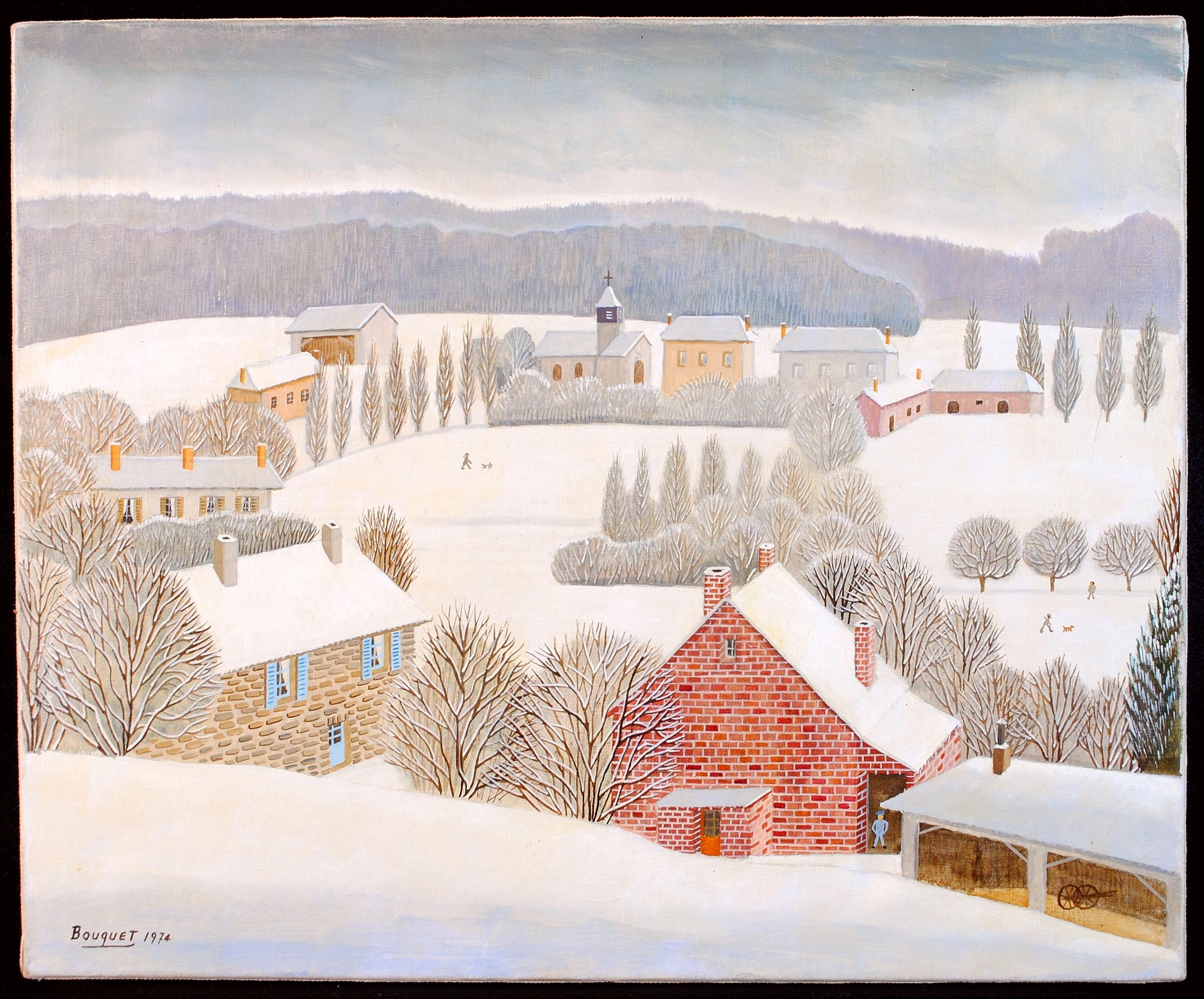 Villaggio in inverno - Pittura a olio di paesaggio innevato francese della metà del 20° secolo - Landscape Painting Grigio di André Bouquet.