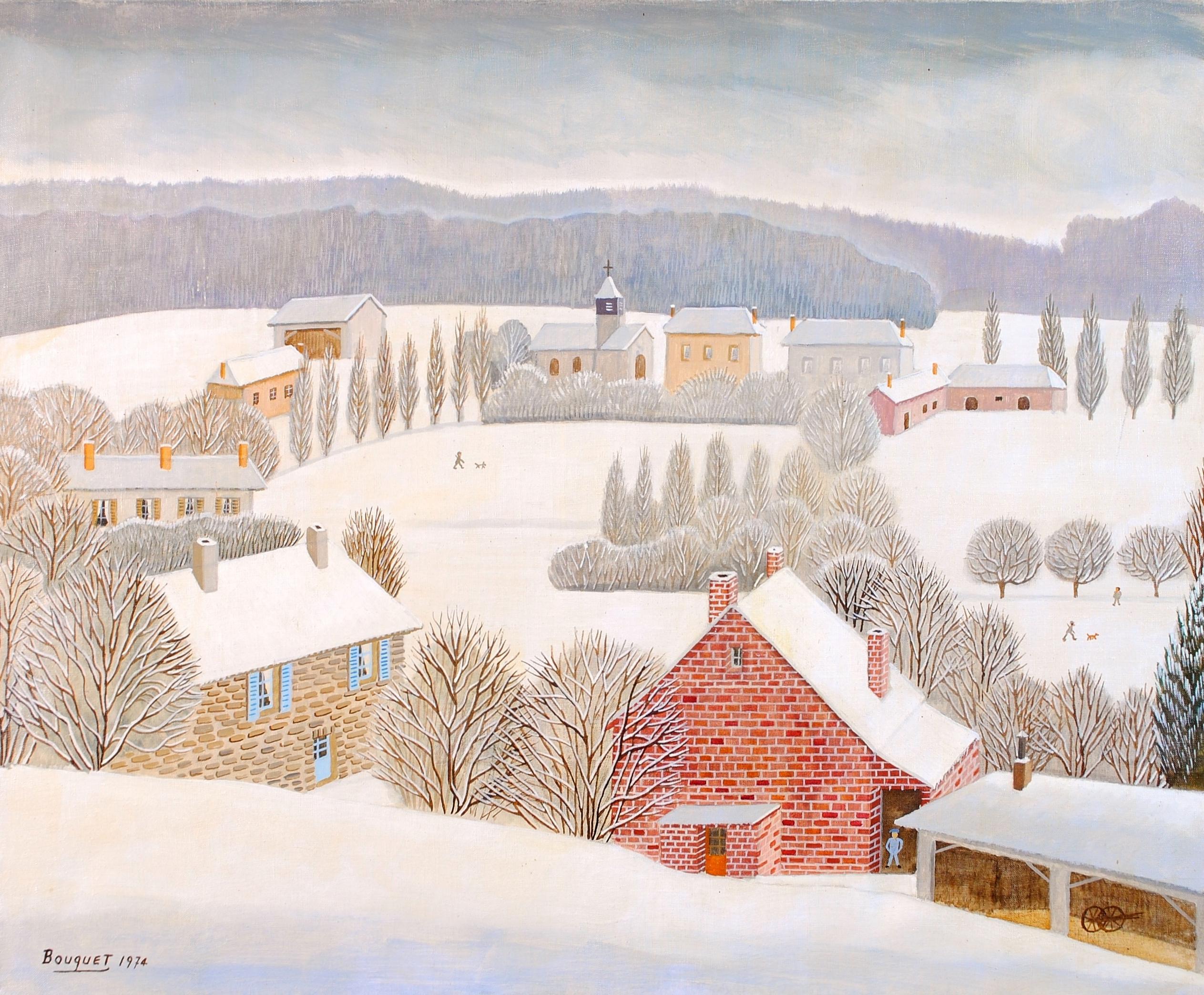 Un bellissimo paesaggio naif francese su tela di André Bouquet, firmato e datato 1974, che raffigura un villaggio innevato in inverno.

André Bouquet era un macellaio di professione che è apparso in ''Peintres Naifs'' di Anatole Jakovsky, nota come