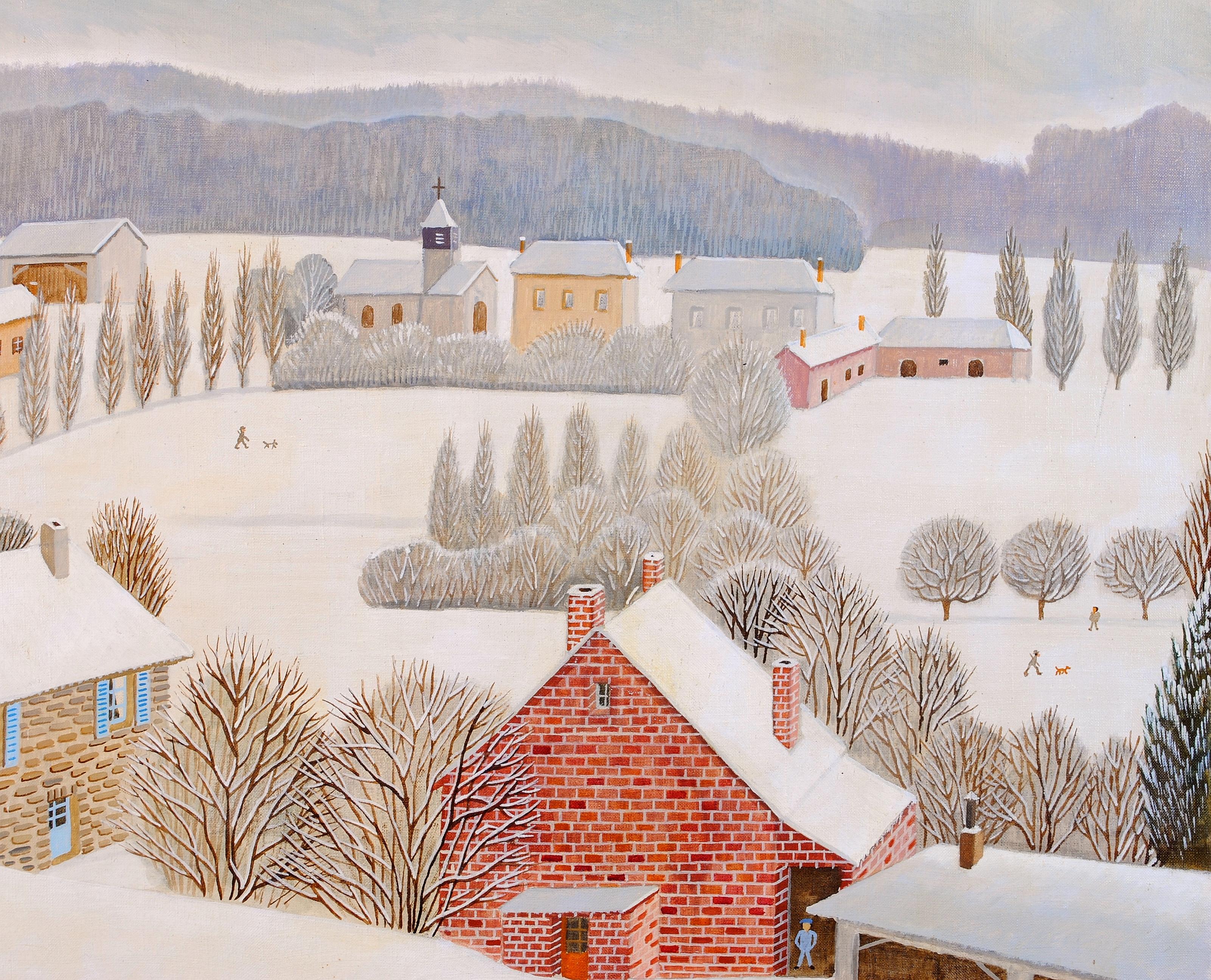 Villaggio in inverno - Pittura a olio di paesaggio innevato francese della metà del 20° secolo in vendita 1