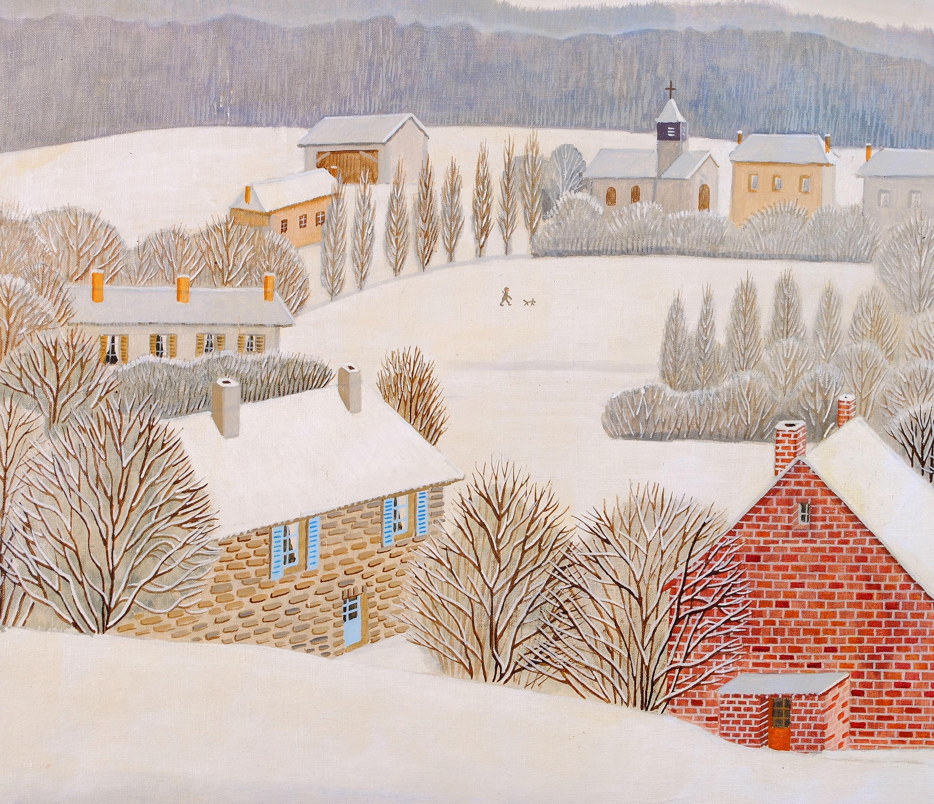Villaggio in inverno - Pittura a olio di paesaggio innevato francese della metà del 20° secolo in vendita 2