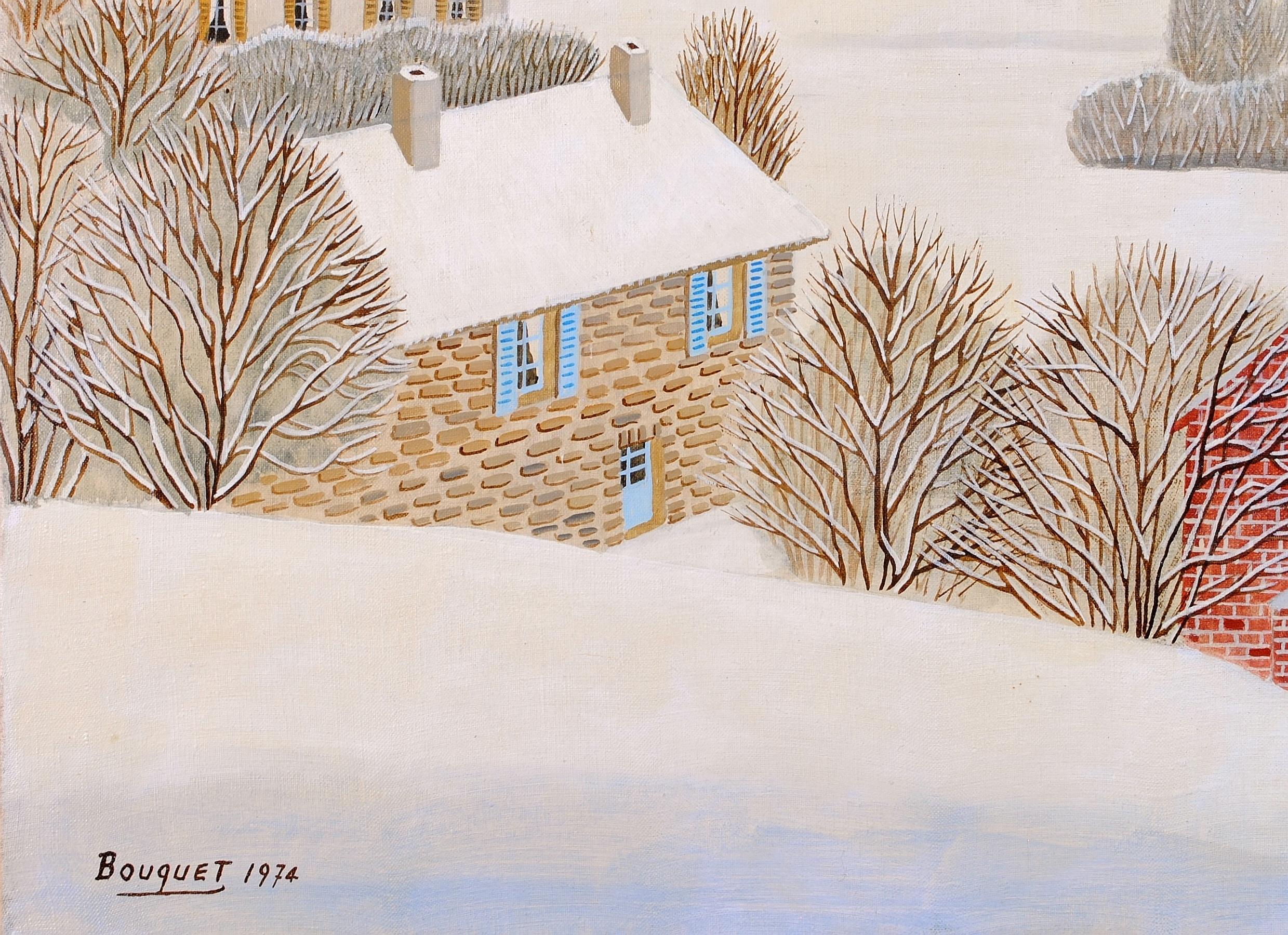 Villaggio in inverno - Pittura a olio di paesaggio innevato francese della metà del 20° secolo in vendita 3