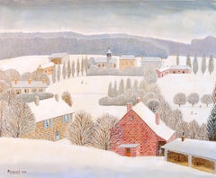 Village d'hiver - Peinture à l'huile naïf française du milieu du 20e siècle