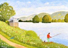 Fisherman on a Riverbank - Peinture à l'huile de paysage naïf français du milieu du 20e siècle