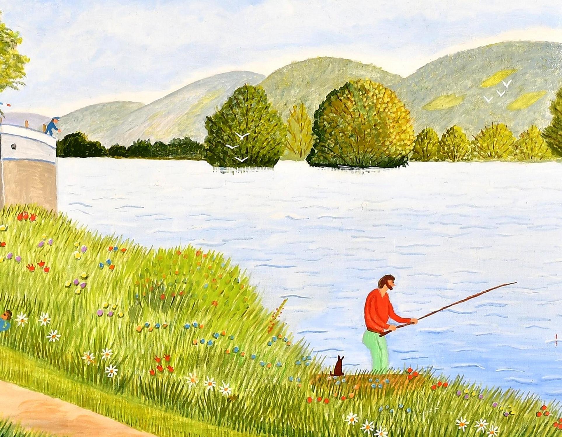 A beautiful mid 20th century French naif oil on canvas depicting a man fishing on a riverbank by André Bouquet. The artist featured in Anatole Jakovsky's ''Peintres Naifs'' which is known as the bible of 20th century naif painters.

The work is