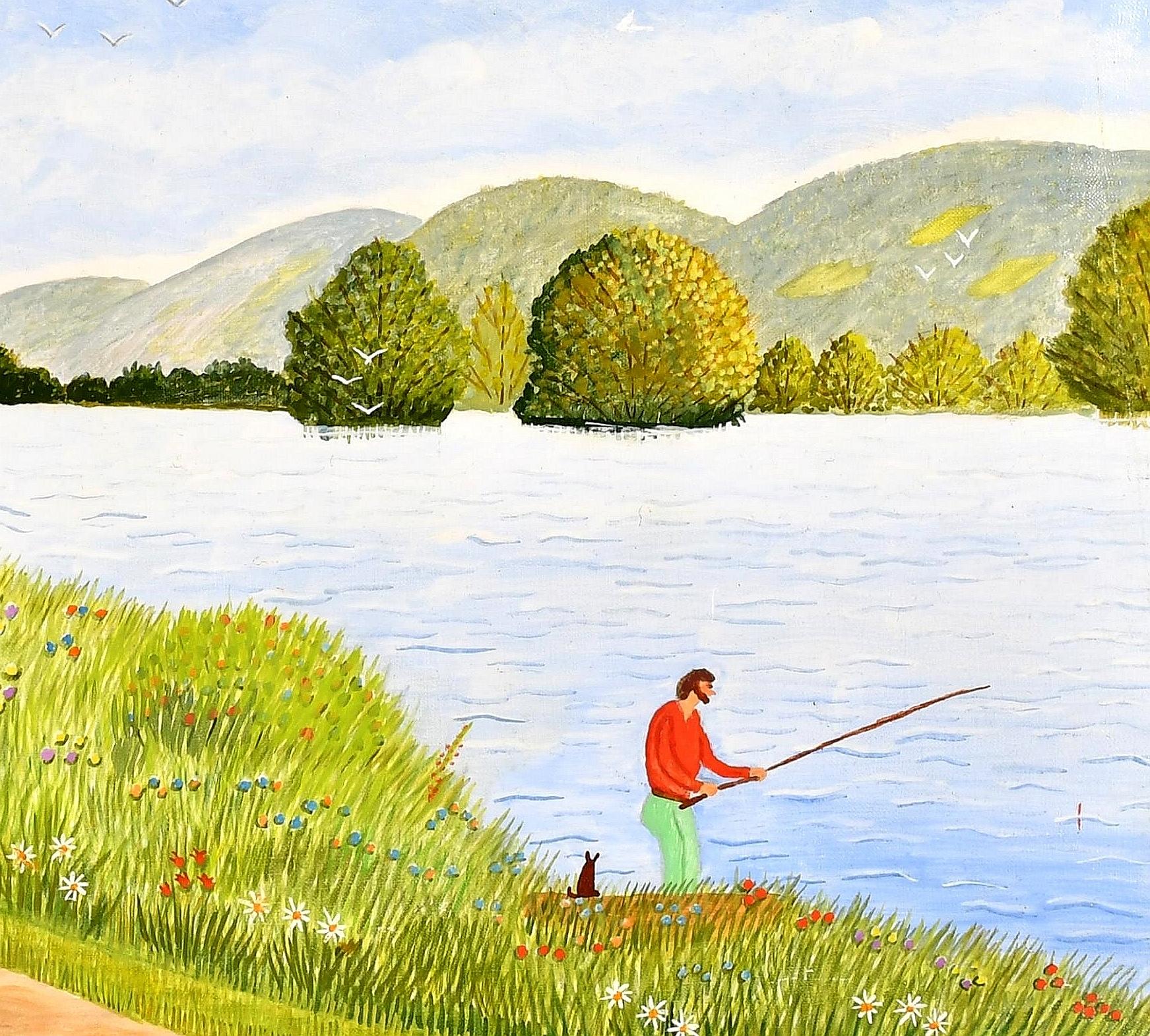 Fisherman on a Riverbank - Mid 20th Century French Naif Landscape Oil Painting For Sale 1