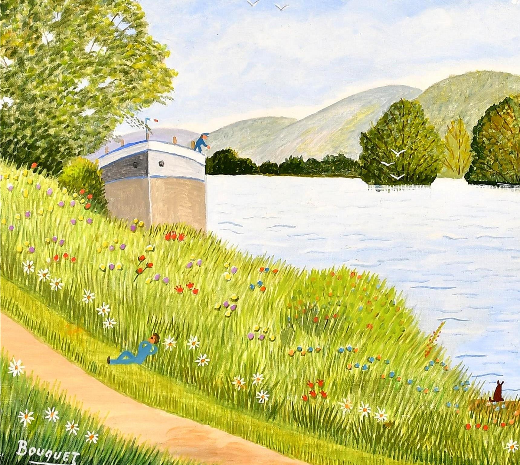 Fisherman on a Riverbank - Mid 20th Century French Naif Landscape Oil Painting For Sale 1