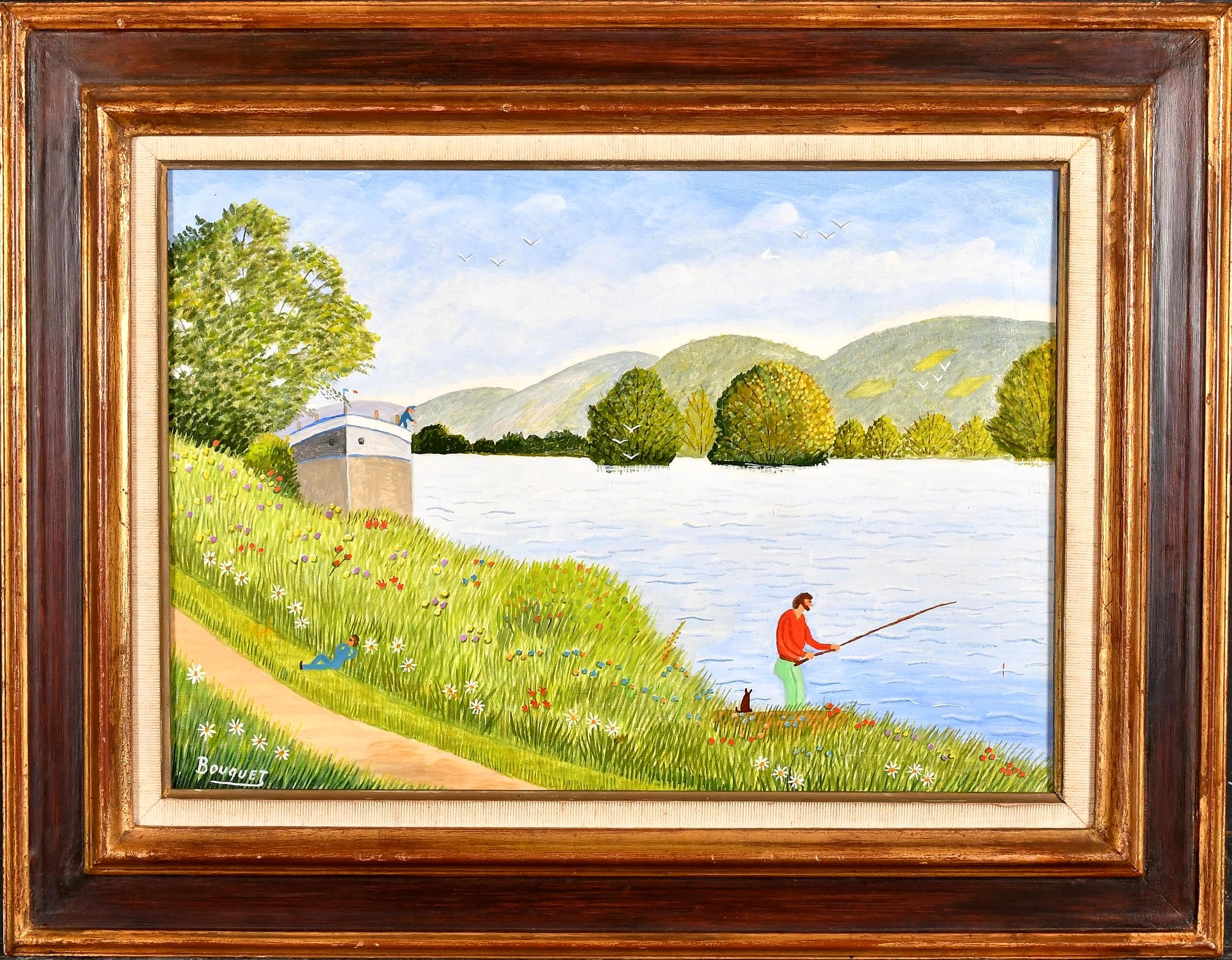 André Bouquet. Landscape Painting - Fisherman on a Riverbank - Mid 20th Century French Naif Landscape Oil Painting