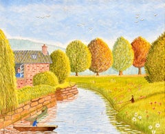 Fishermen on a River - Peinture à l'huile de paysage naïf français du milieu du 20e siècle