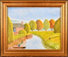 Vintage Fishermen on a River - Mid 20th Century French Naif Landscape Oil Painting