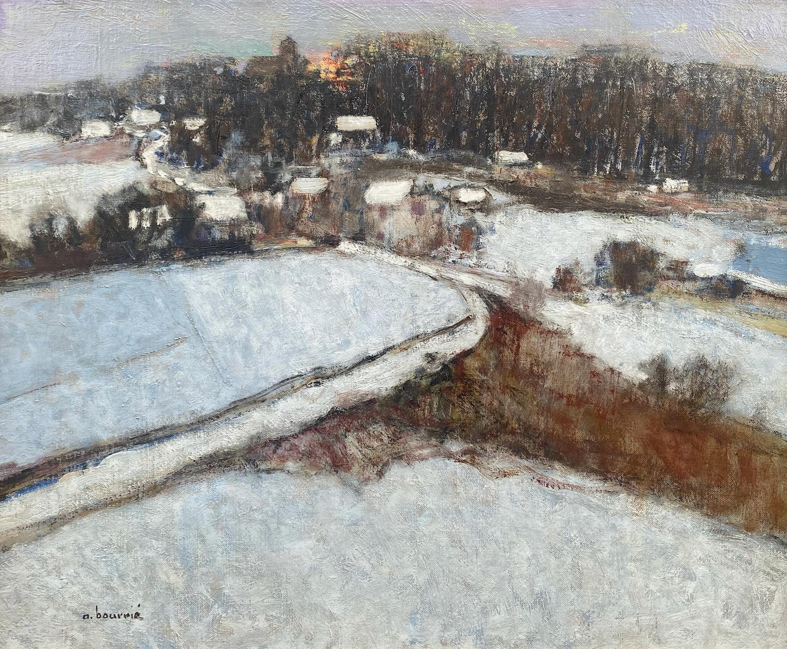 Solsticio de invierno: pintura impresionista puntillista Paisaje invernal con nieve - Painting de André Bourrie