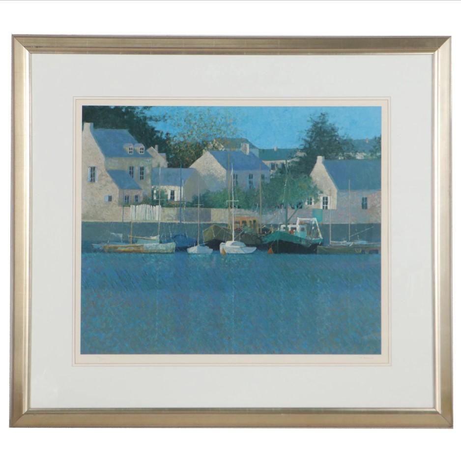 André Bourrie Landscape Print - Pornic - Impressionist French harbor scene 