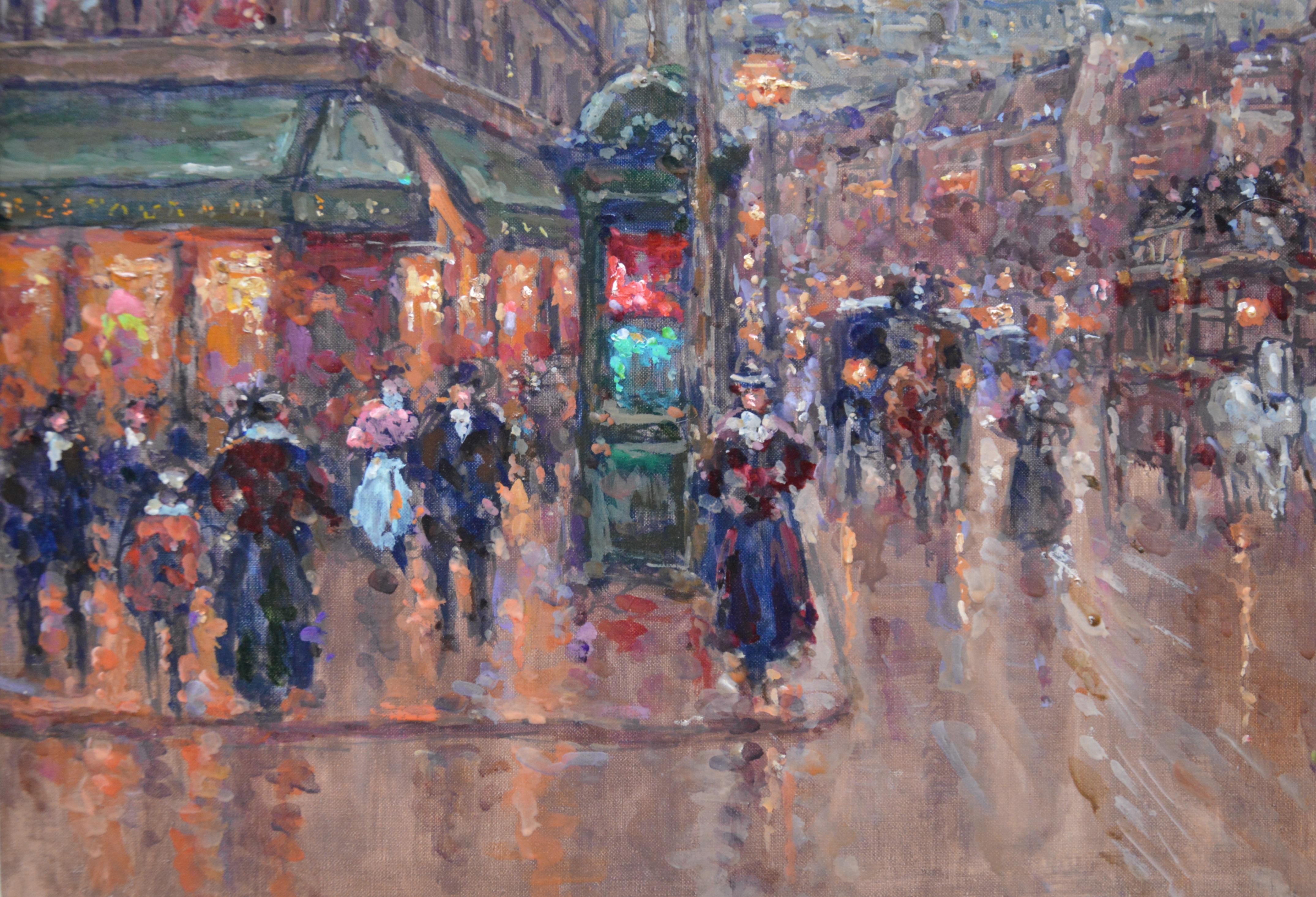 Les Grand Boulevard au Crépuscule - Post Impressionist Oil Painting 1930s Paris - Gray Figurative Painting by Andre Boyer 