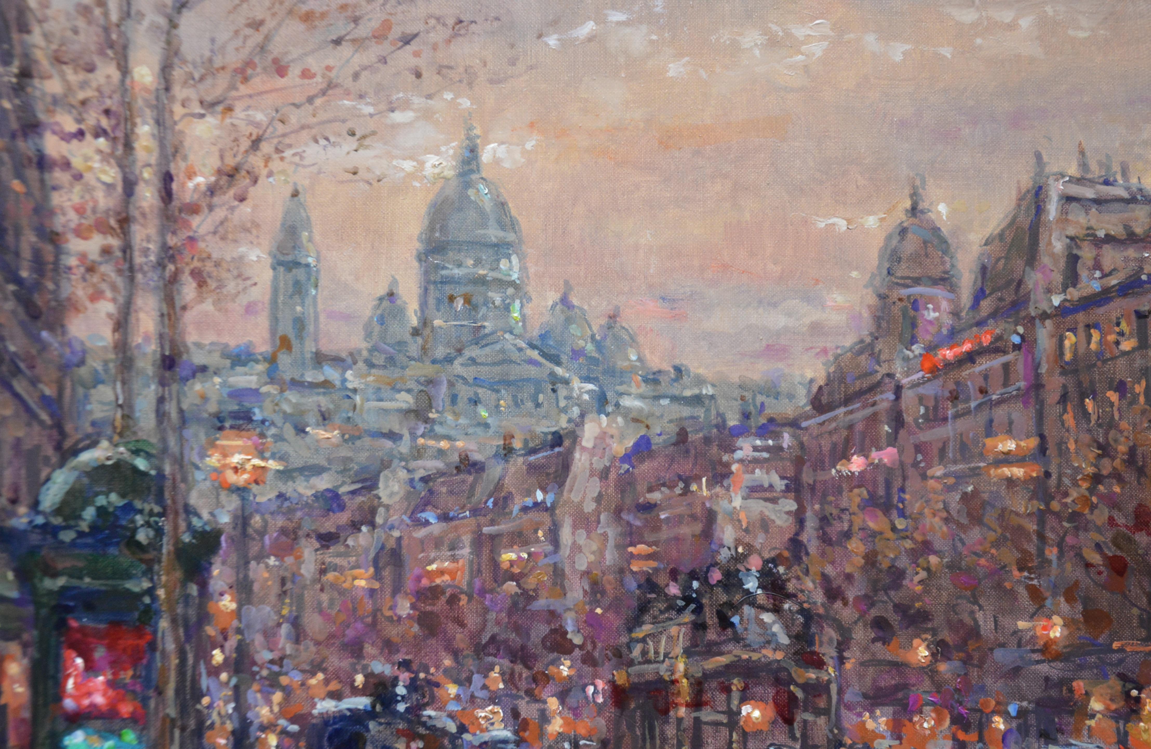 ‘Les Grand Boulevard au Crépuscule’ by Andre Boyer (1909-1981). 

The painting – which depicts a Belle Epoque scene of the Grand Boulevard in Paris at dusk – is signed by the artist and presented in a newly commissioned post-impressionist frame. 