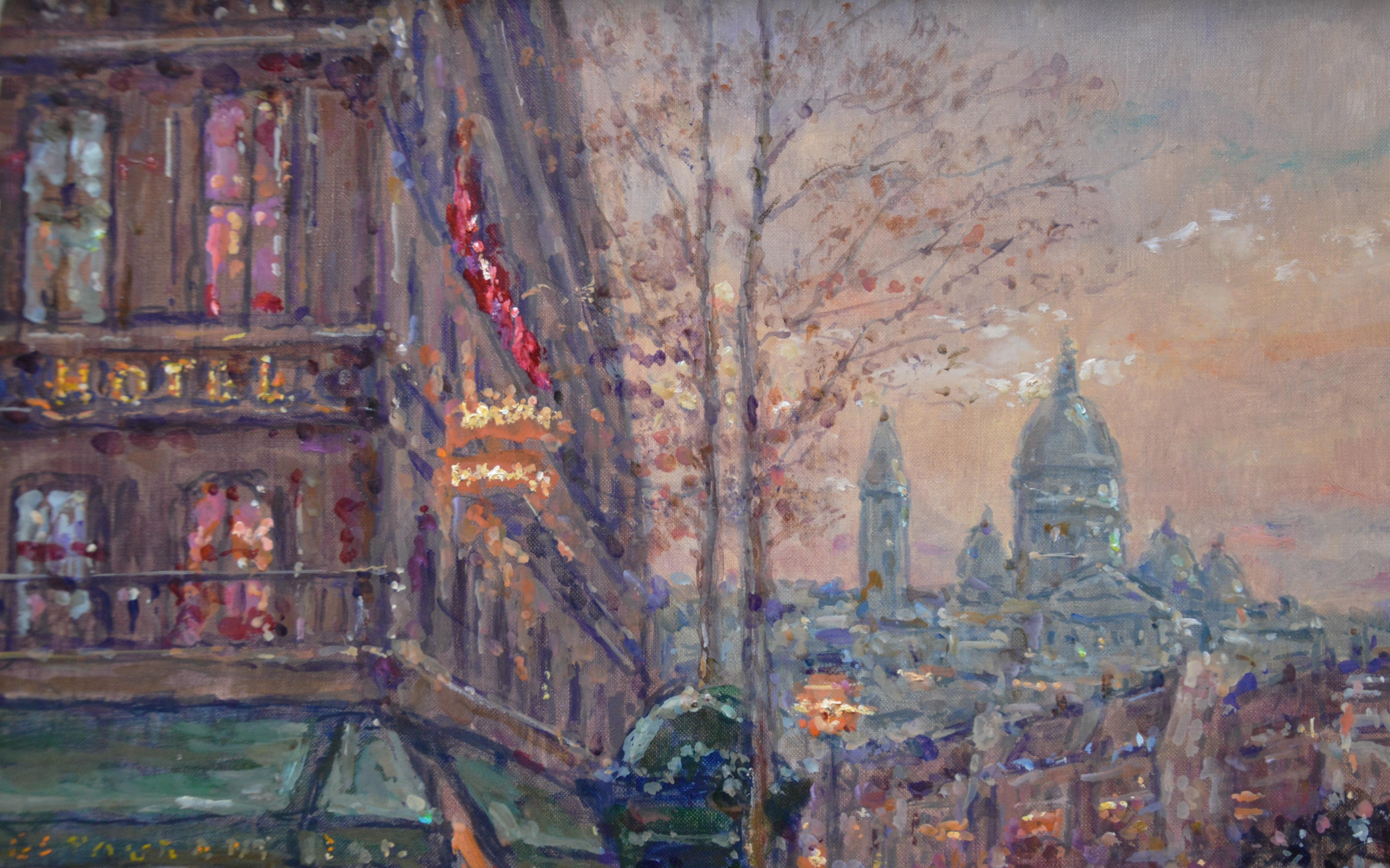 Les Grand Boulevard au Crépuscule - Post Impressionist Oil Painting 1930s Paris 1