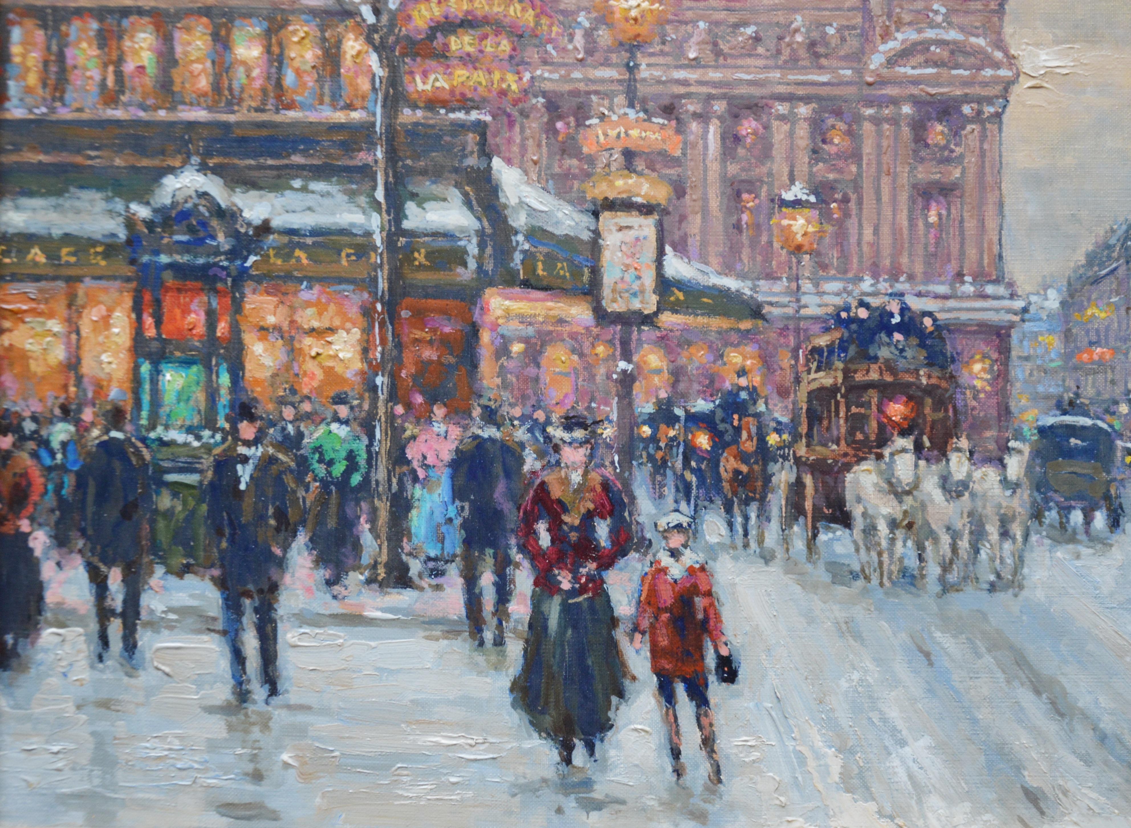 L'Opera sur la Neige - Post Impressionist Oil Painting Scene of 1930s Paris  - Gray Figurative Painting by Andre Boyer 