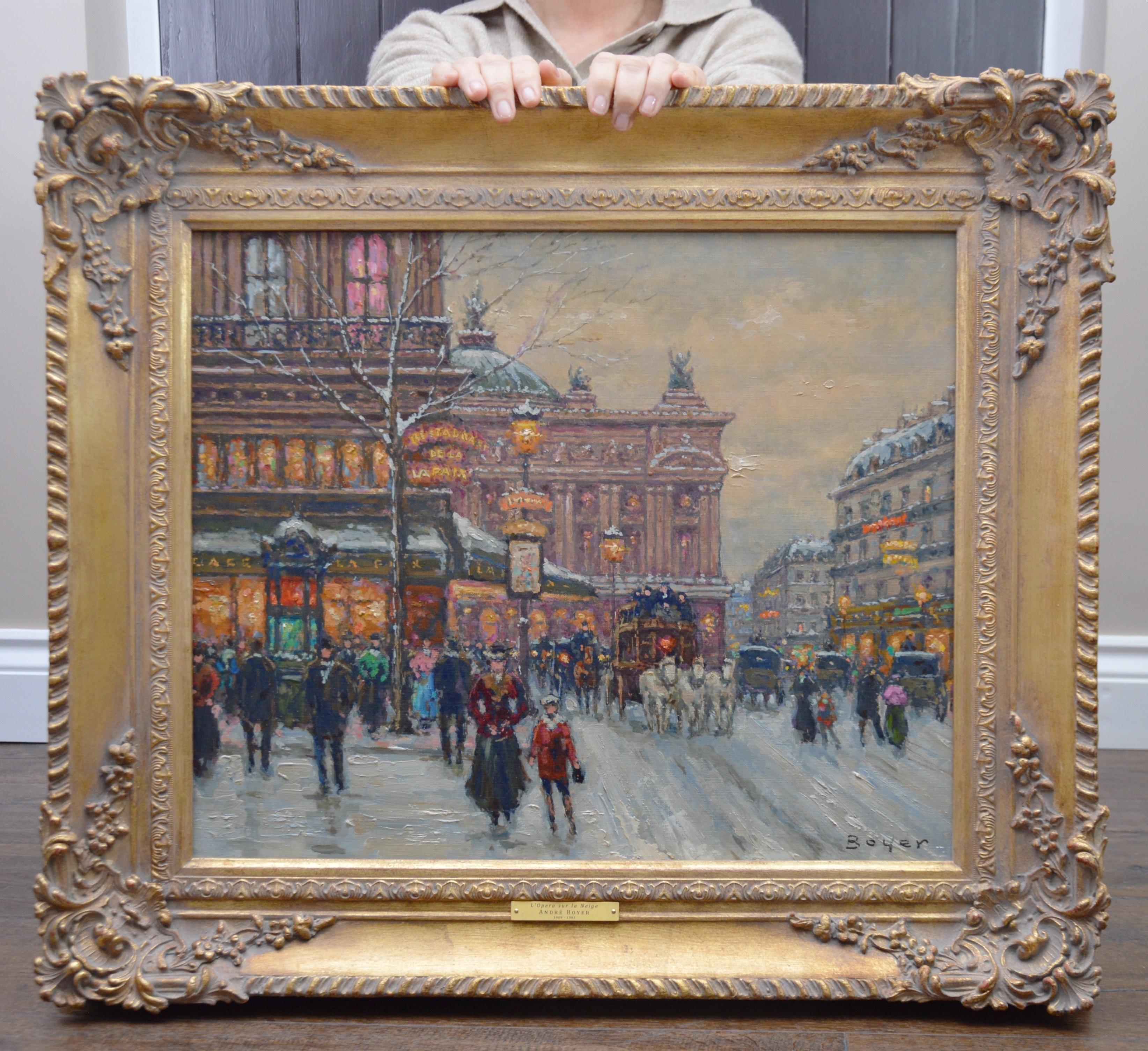 Andre Boyer  Figurative Painting - L'Opera sur la Neige - Post Impressionist Oil Painting Scene of 1930s Paris 