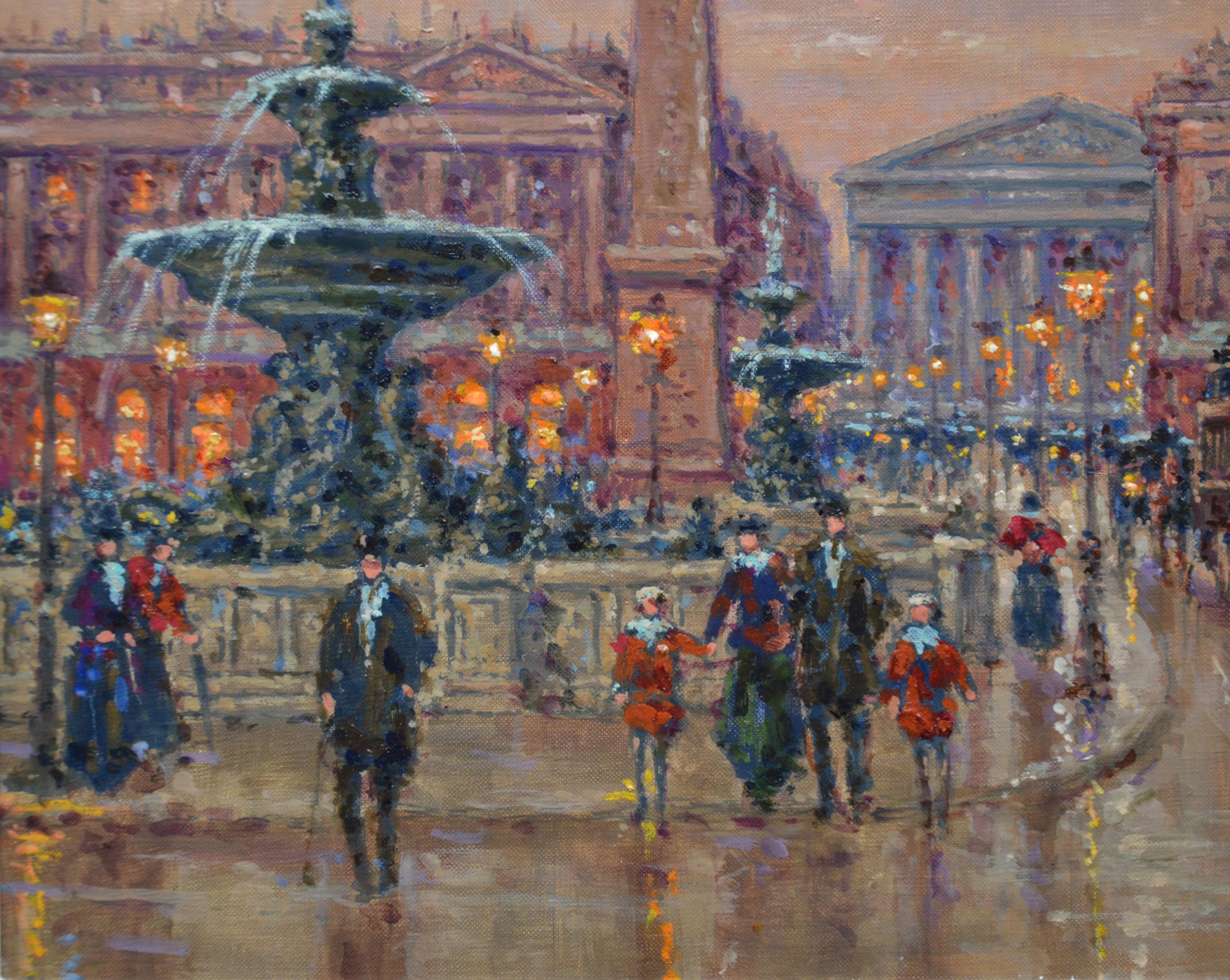 ‘Place de la Concorde au Crépuscule’ by Andre Boyer (1909-1981). 

The painting – which depicts a busy Belle Epoque scene of the Place de la Concorde in Paris at dusk – is signed by the artist and presented in a newly commissioned post-impressionist