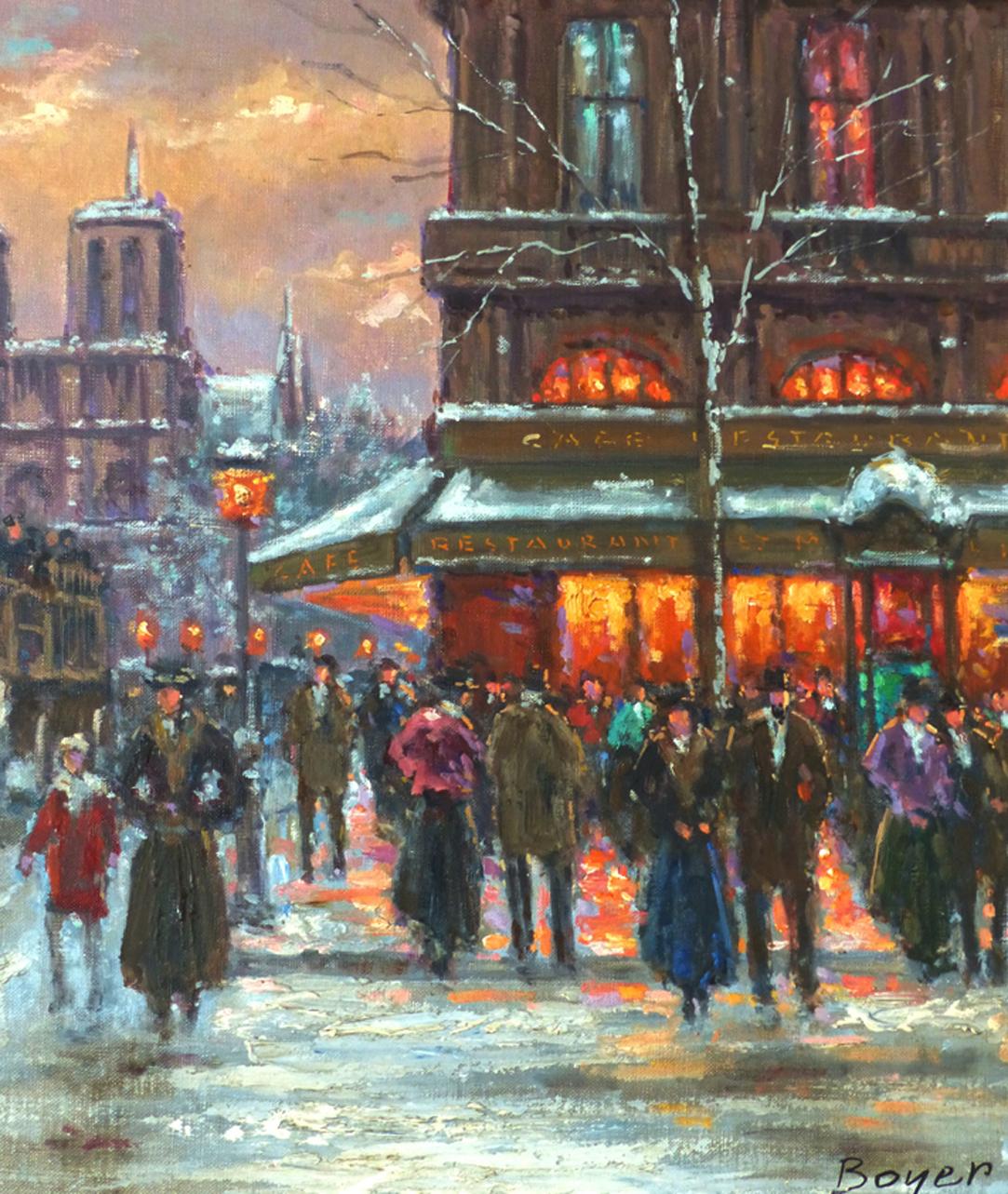 Senza titolo - [Leggera neve - Cafè St. Michel guardando verso Notre Dame] - Landscape Painting Marrone di Emile Boyer