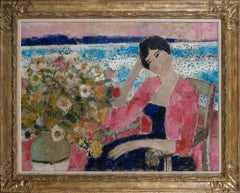 Buntes Gemälde einer Frau mit einem Blumenstrauß am Meer, 1962