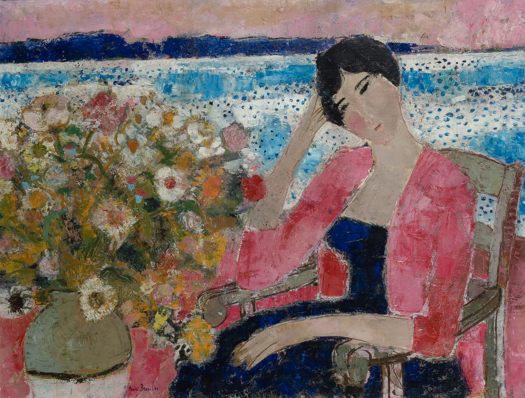André Brasilier Portrait Painting - Colorful painting of a woman with a bouquet by the sea, 1962